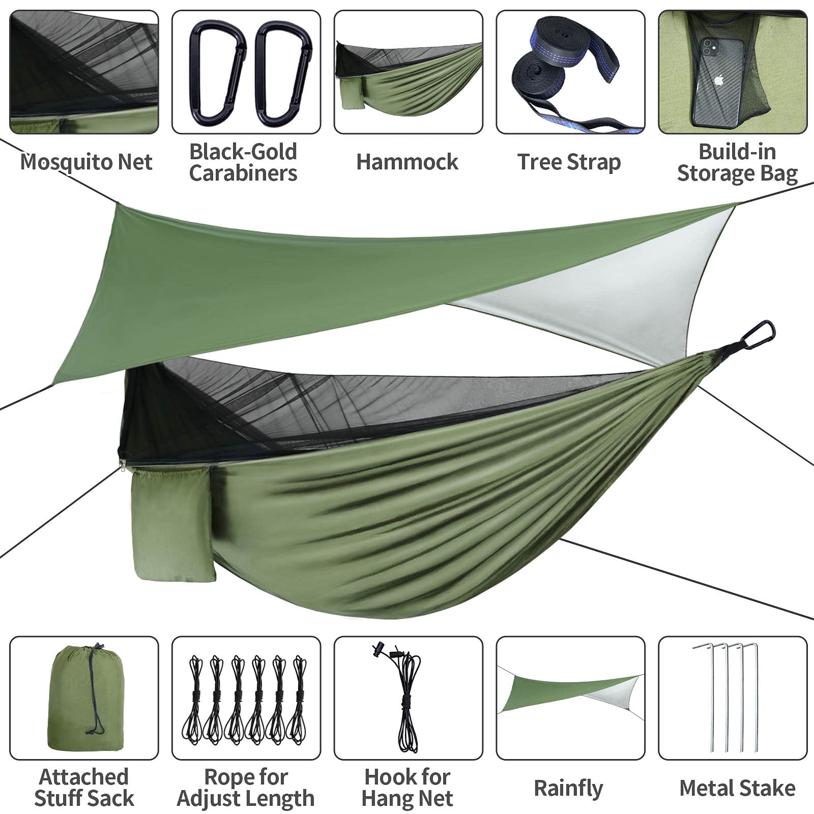 Gymolo Camping Hammock - Hammocks With Mosquito Net Tent And Rain Fly Tarp, Portable Single & Double Nylon Parachute Hammock Wit
