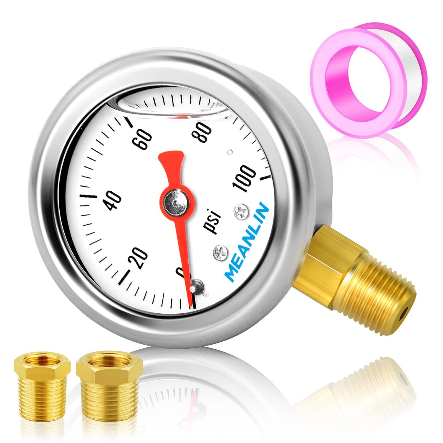 Meanlin Measure 0100Psi Stainless Steel 18 Npt 15 Face Dial, Glycerin Filled Fuel Pressure Gauge, Liquid Filled Pressure Gauge W