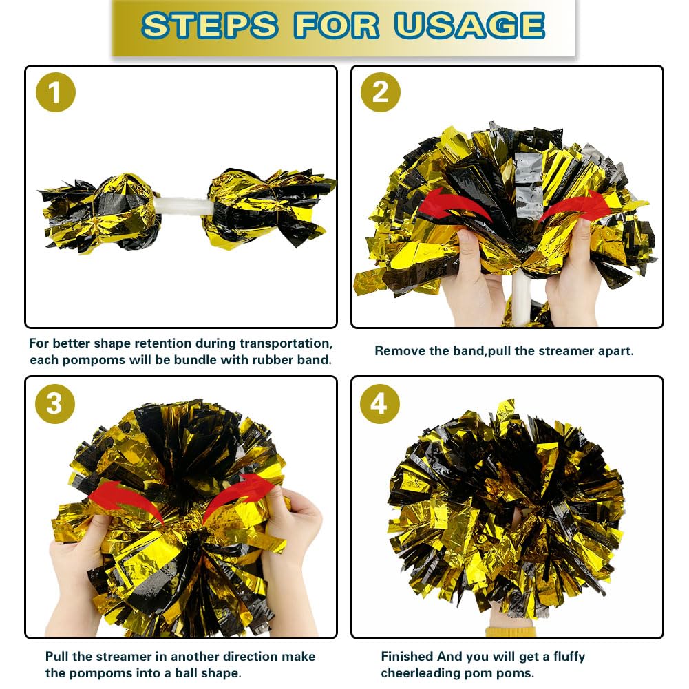 Lovecheer 2Pcs Pom Poms Cheerleading Gold And Black Metallic Cheer Pom Poms With Baton Handle For Sports Team Spirit Party Cheer