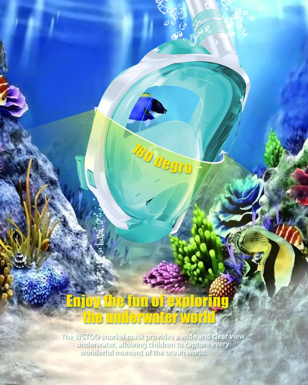 Wstoo Snorkeling Gear For Kids With Latest Dry Top Breathing System,Fold 180 Degree Panoramic View Kids Full Face Snorkel Mask A