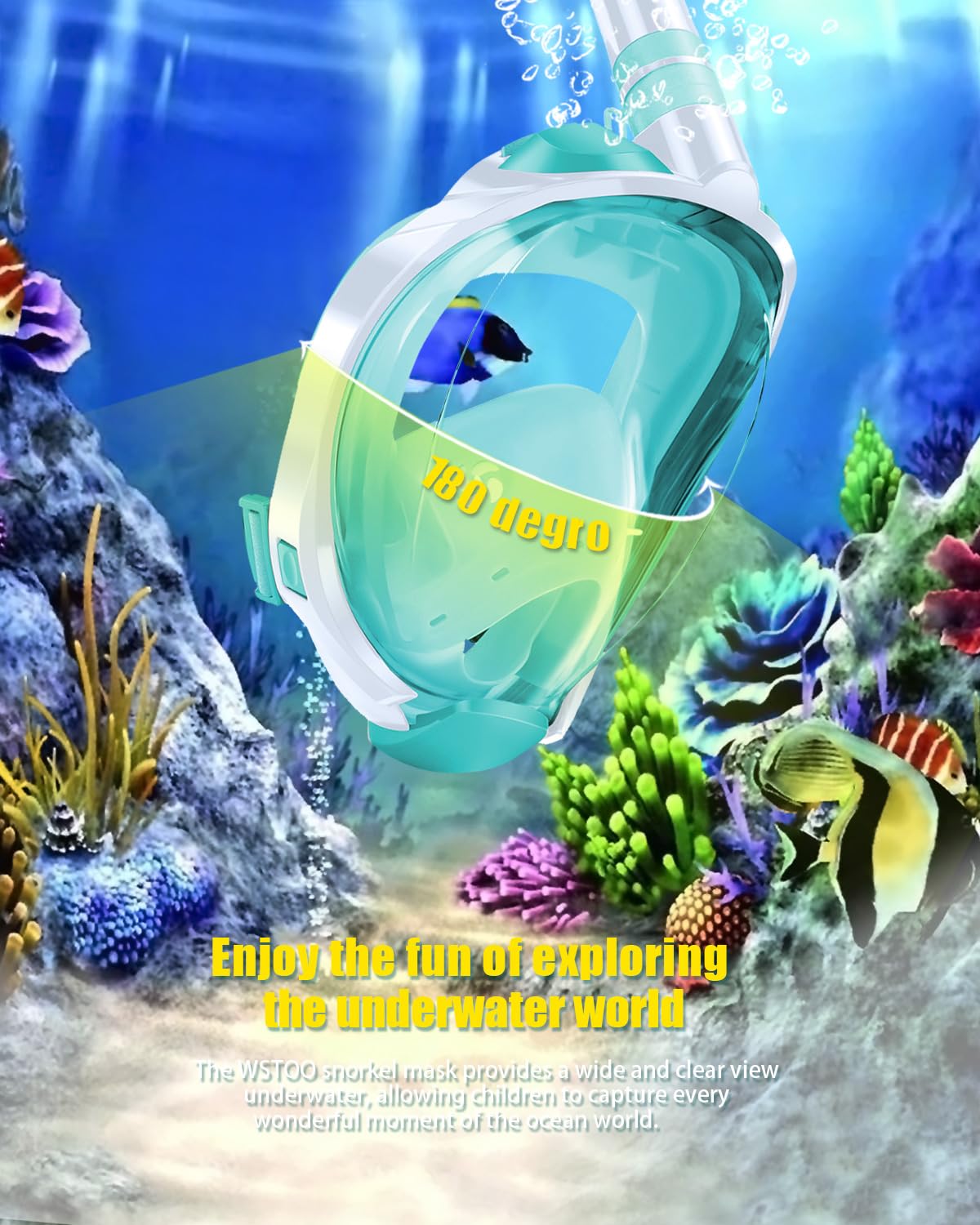 Wstoo Snorkeling Gear For Kids With Latest Dry Top Breathing System,Fold 180 Degree Panoramic View Kids Full Face Snorkel Mask A