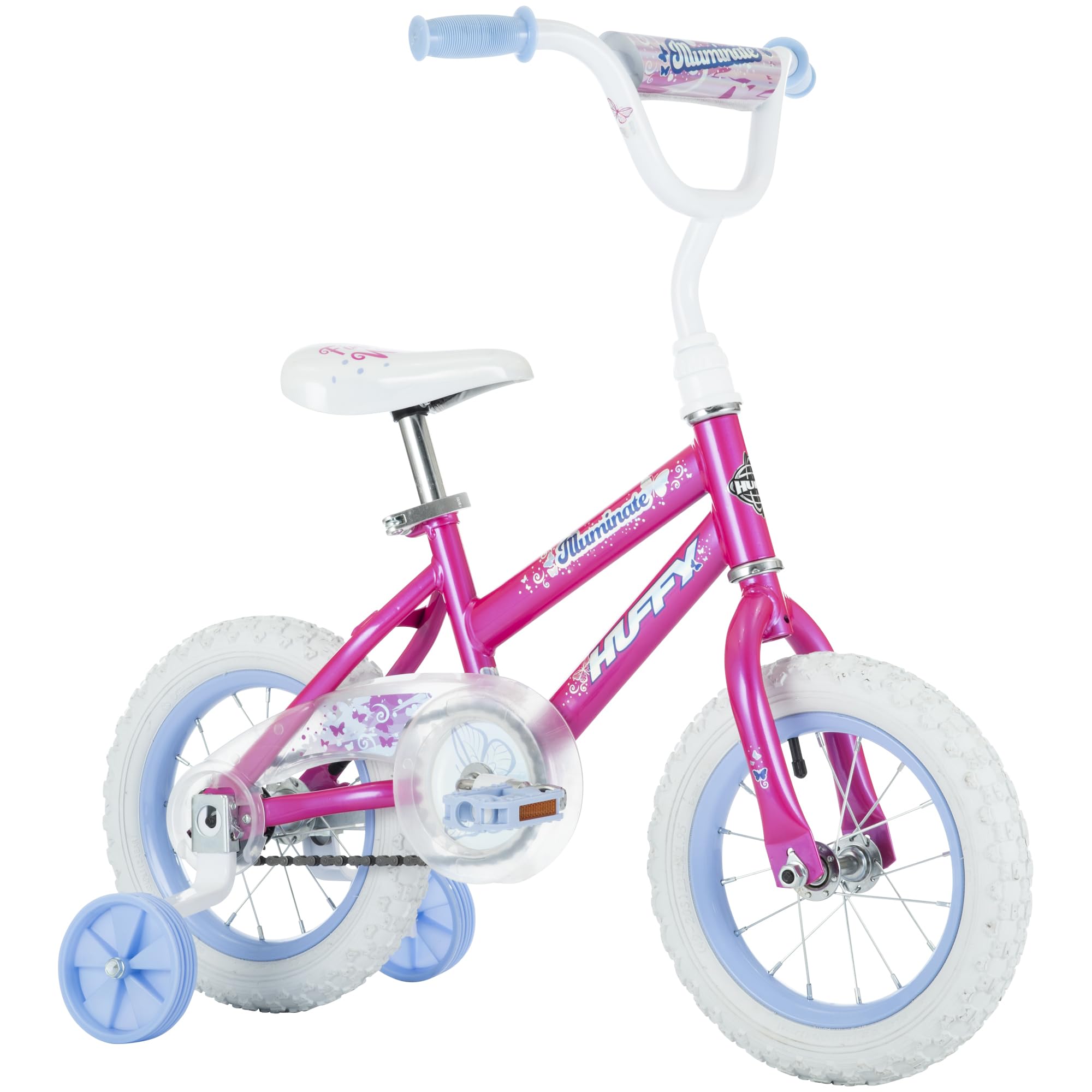 Huffy Illuminate 12    Girls Bike With Removable Training Wheels, Sweet Pink Frame With Butterfly Graphics, Chain Guard, White T