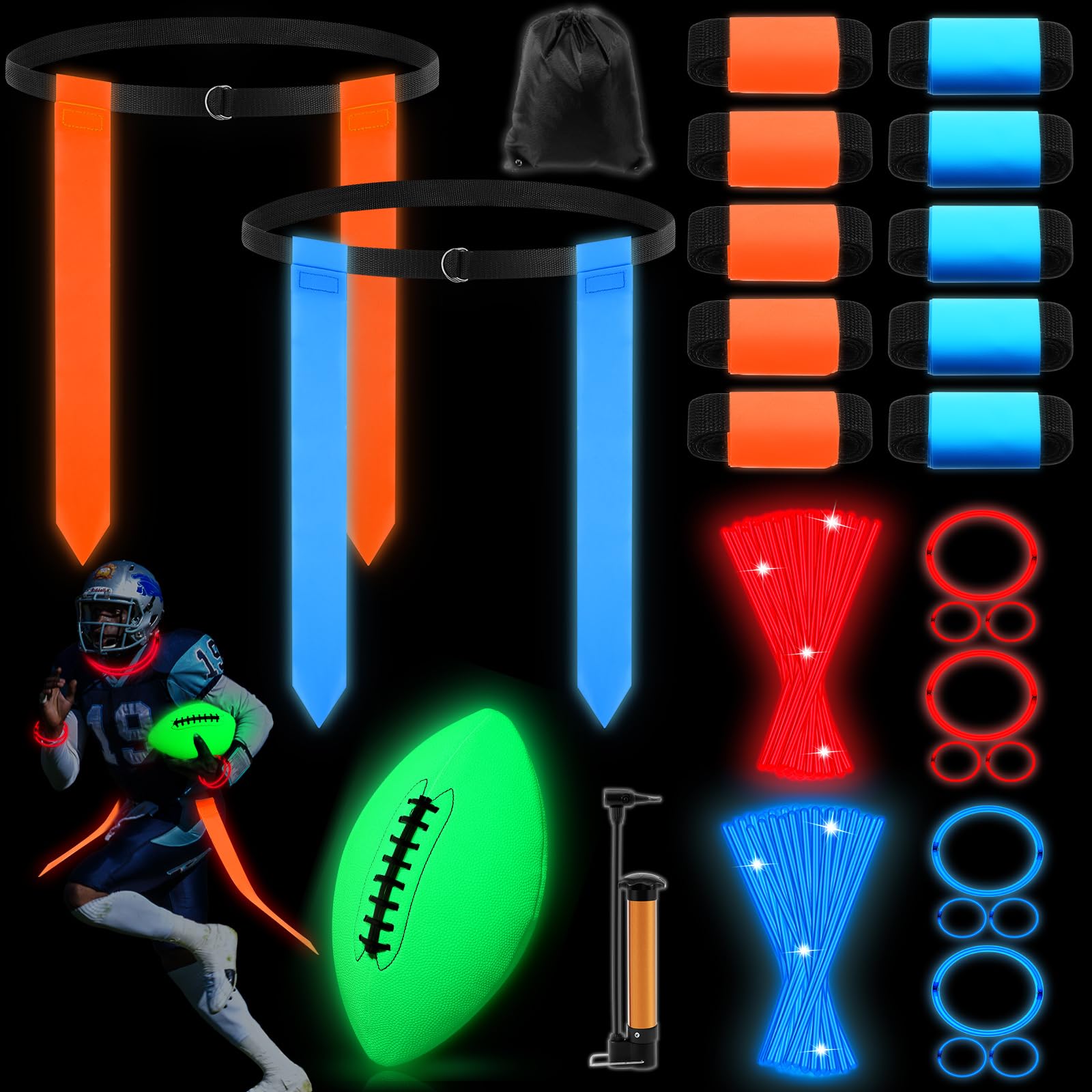 Libima Glow in the Dark Capture the Flag Game Sets, 10 Glow in the Dark Adjustable Flag Football Belts 1 Size 9 Luminous Footbal