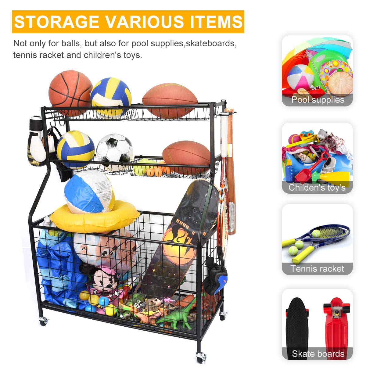 Kinghouse Garage Sports Equipment Organizer, Ball Storage Rack, Ball Storage Garage, Garage Organizer, Rolling Sports Ball Stora