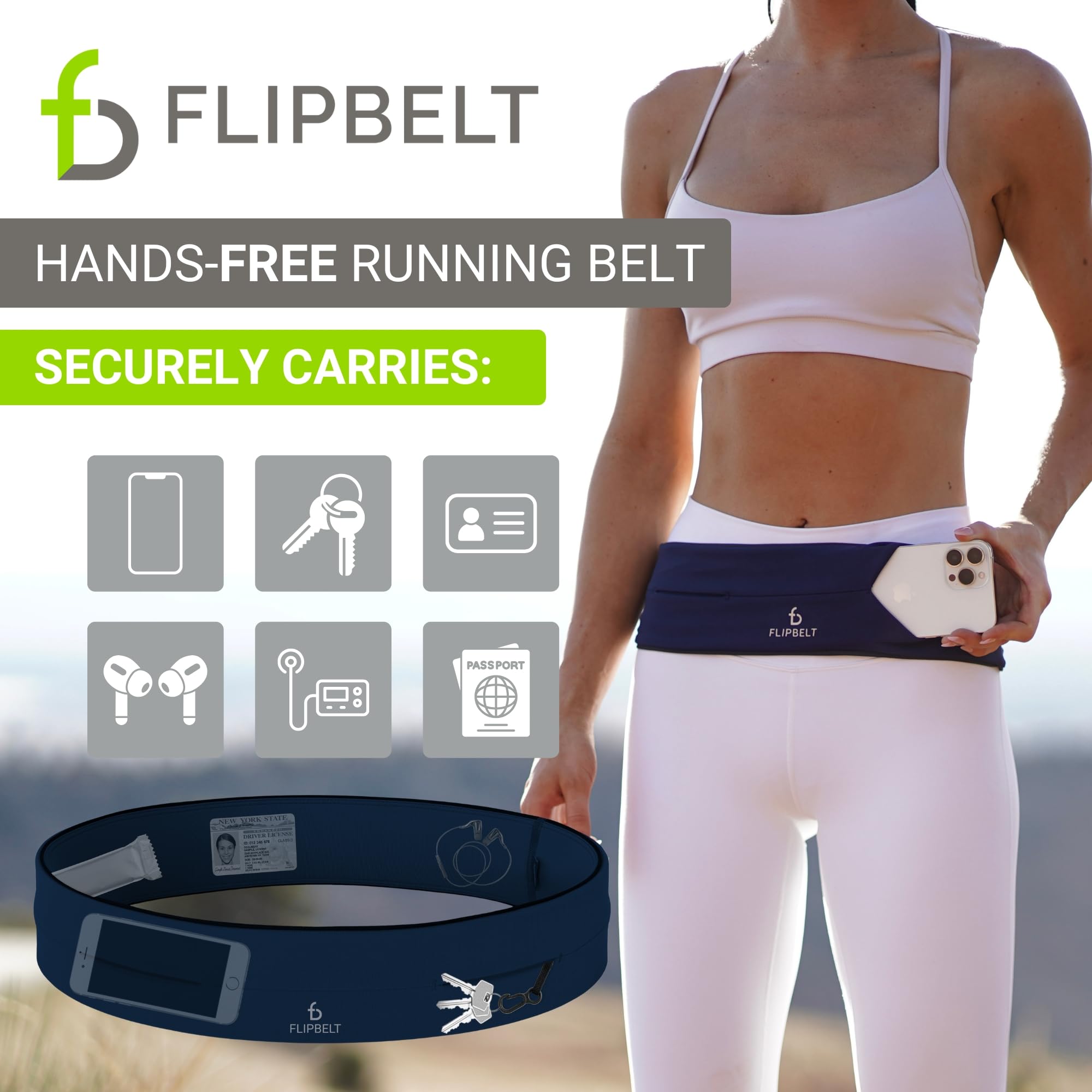 FlipBelt Classic Running Belt for Phone and Small Accessories, Exercise Waist Pouch for Women and Men, Midnight Blue, M