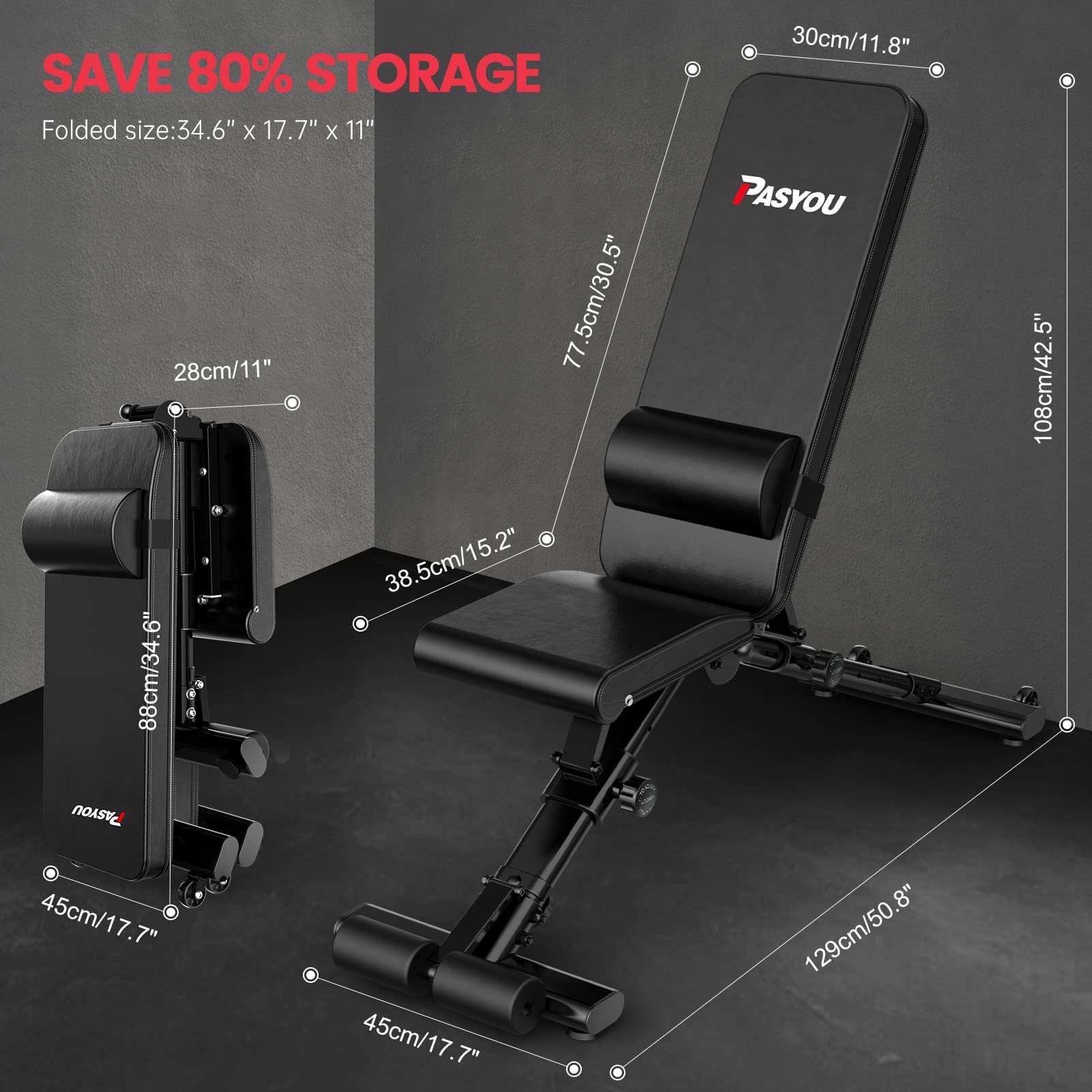 Pasyou Adjustable Weight Bench,880Lb Weight Capacity For Strength Training Bench Press Foldable Incline Decline Bench For Full B
