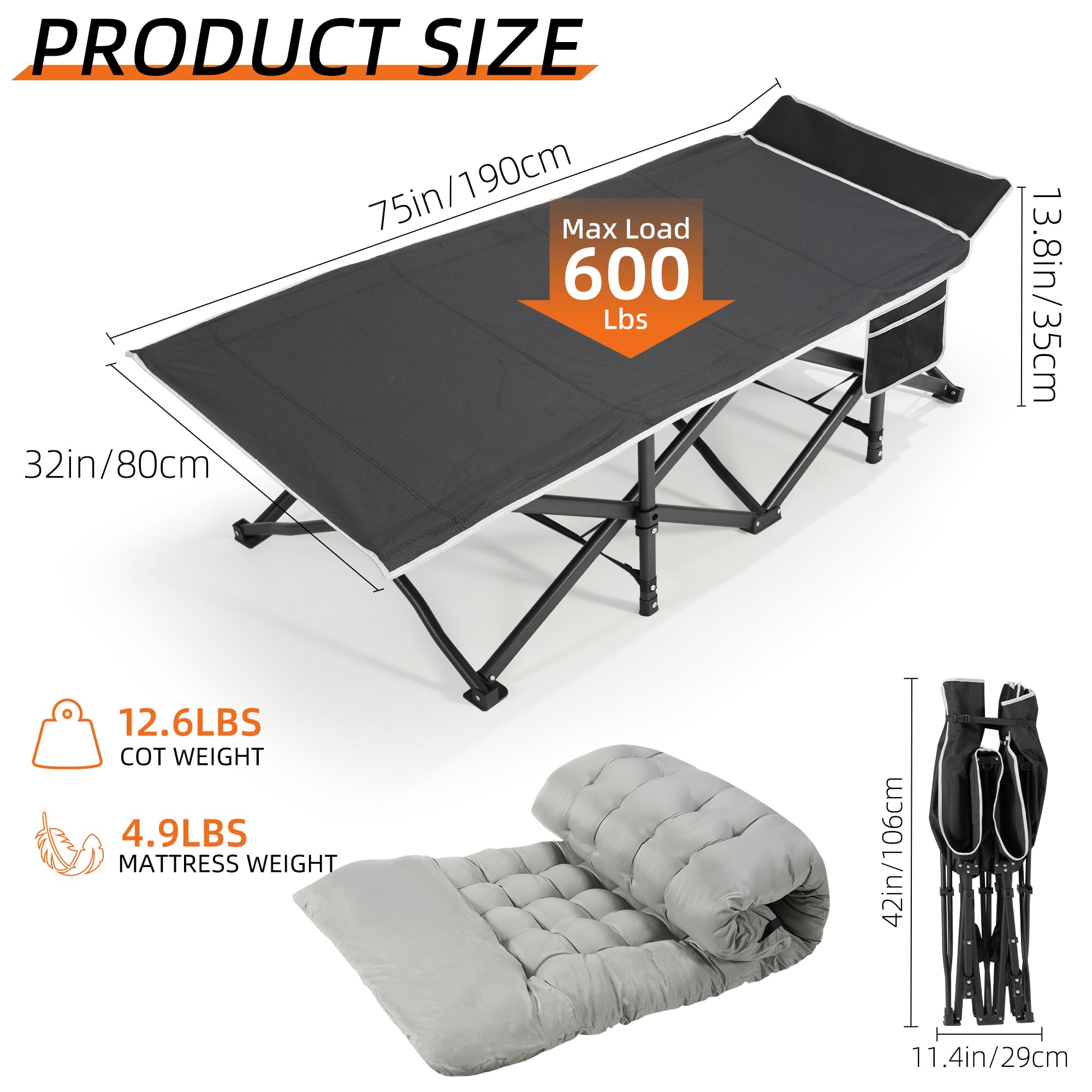 Fragess Portable Camping Cot, 32 Extra Wide Camping Cots For Adults With Thick Mattress, Heavy Duty Sleeping Cot Holds Up To 600