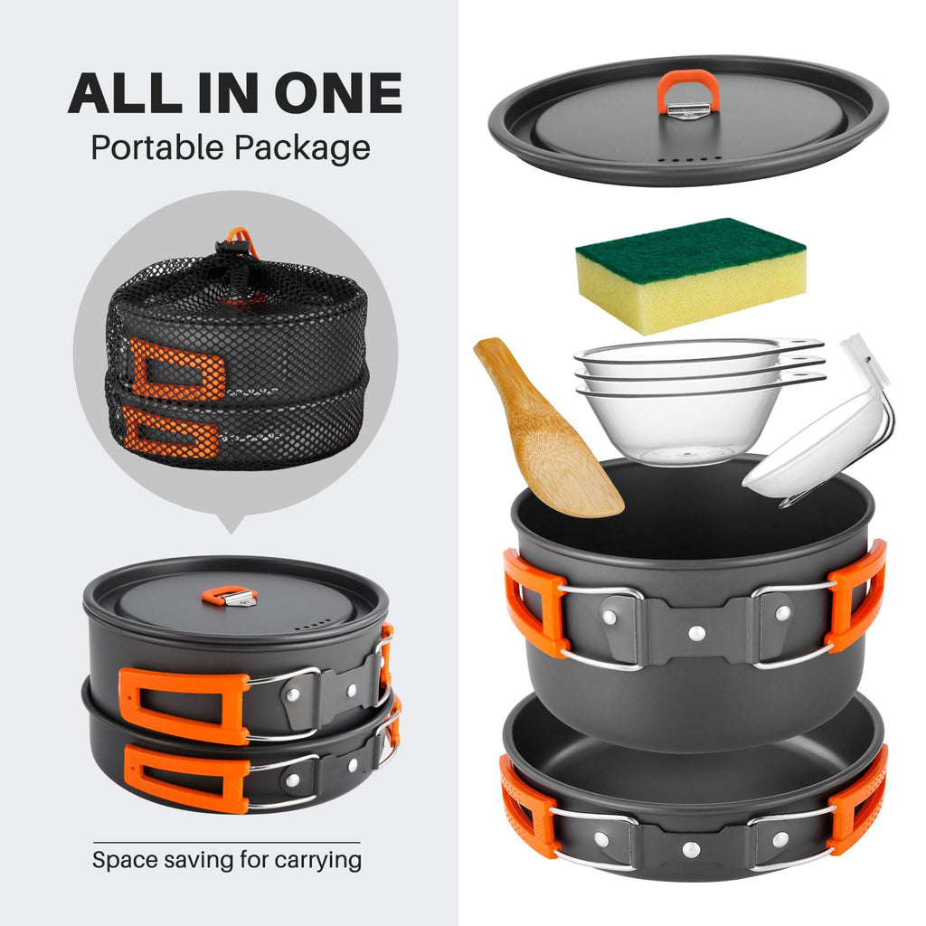 Odoland 9Pcs Camping Cookware Non-Stick Lightweight Camping Pots And Pans Set With Plastic Bowls Soup Spoon For Camping, Backpac