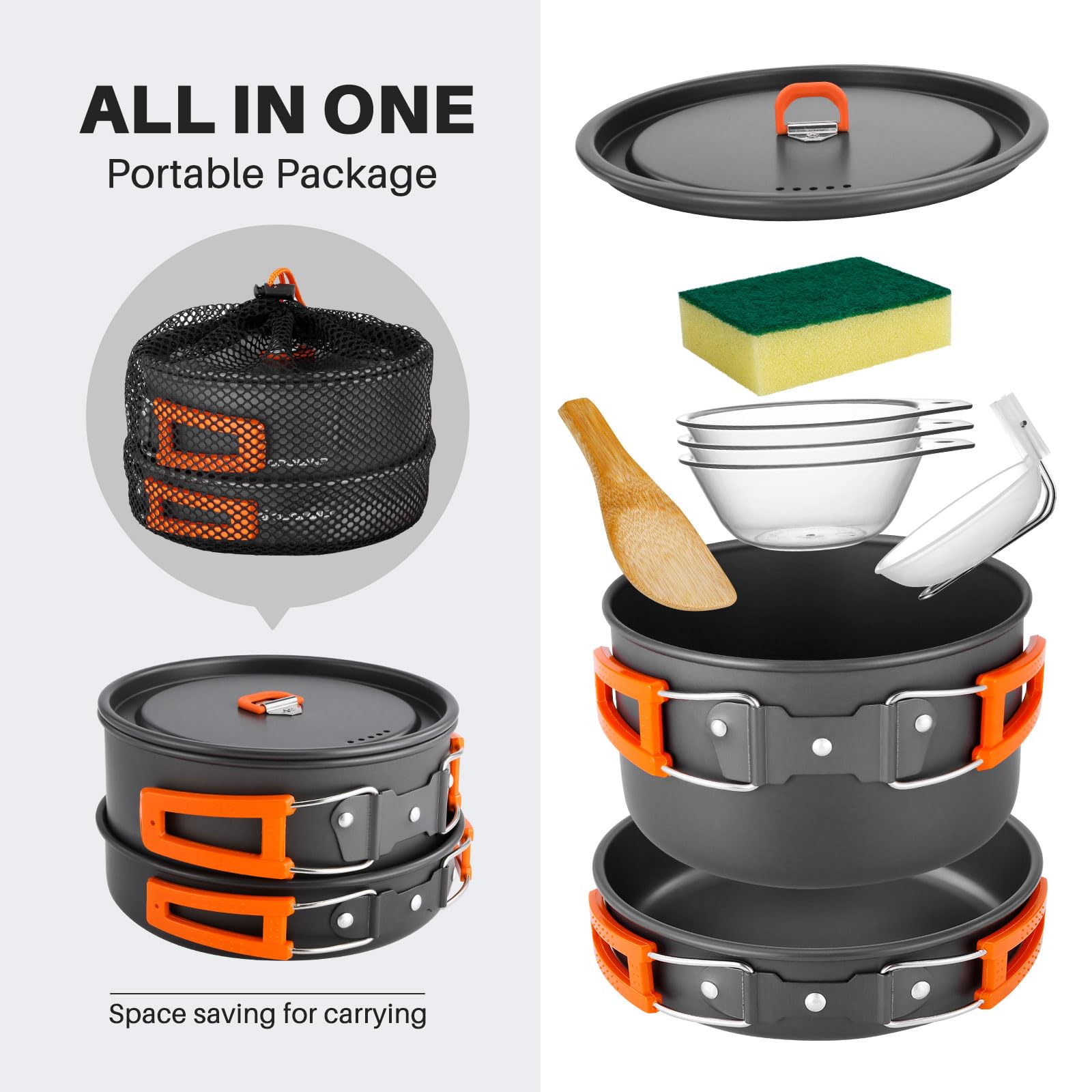 Odoland 9Pcs Camping Cookware Non-Stick Lightweight Camping Pots And Pans Set With Plastic Bowls Soup Spoon For Camping, Backpac