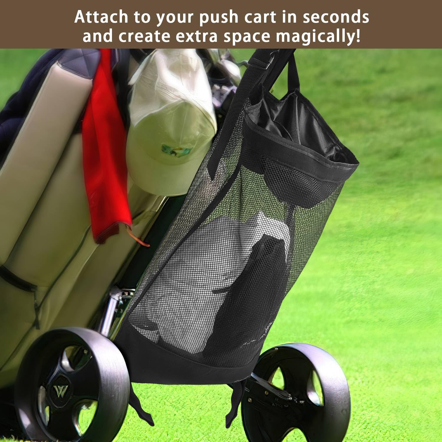 Golf Push Cart Accessories - Golf Push Cart Backside Extension Storage Bag With Top-Closing Lid, Access To The Items Easily, Bla