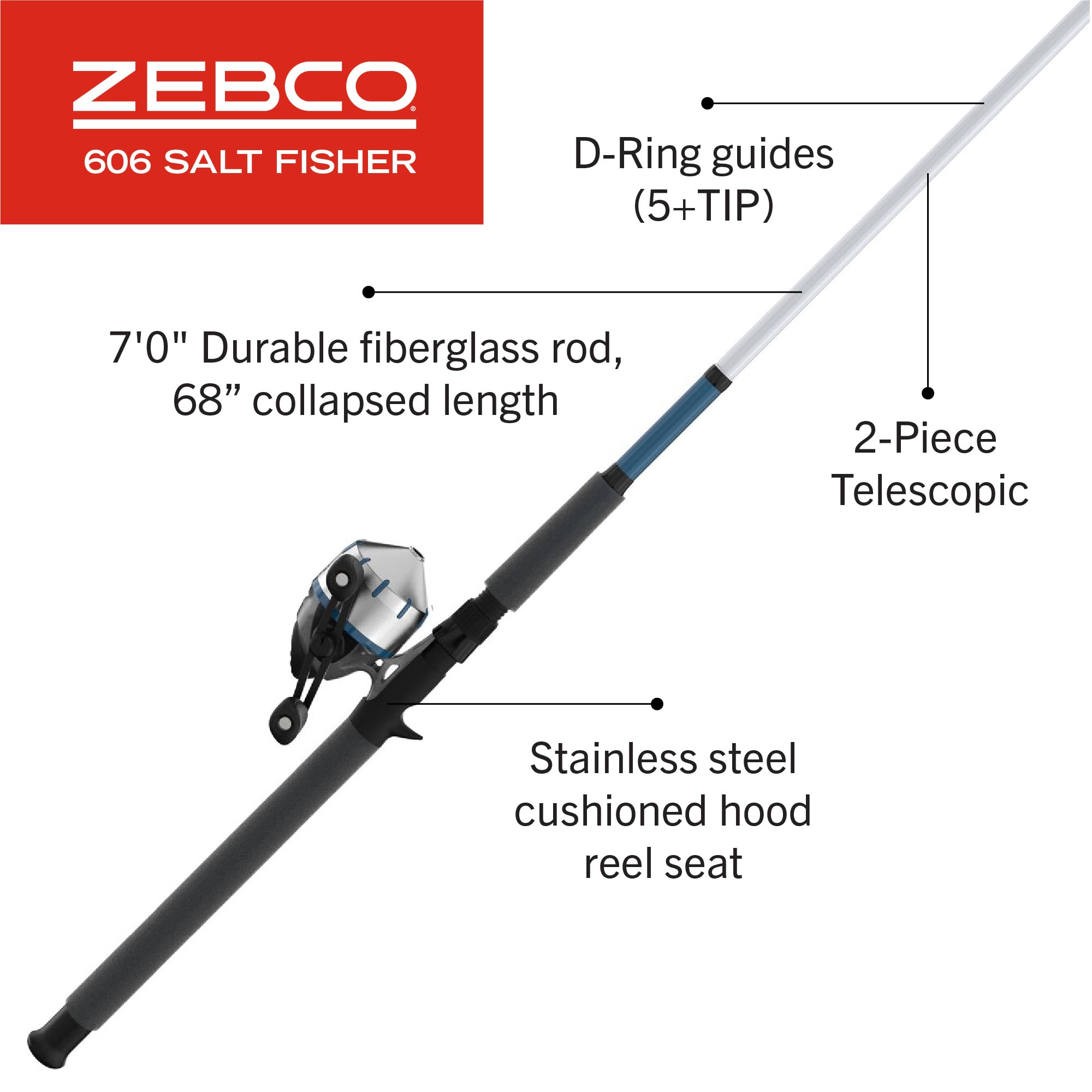 Zebco 606 Salt Fisher Spincast Reel and Fishing Rod Combo, 7-Foot 2-Piece Telescopic Rod, Med-Heavy Power, Mod-Fast Action, Size