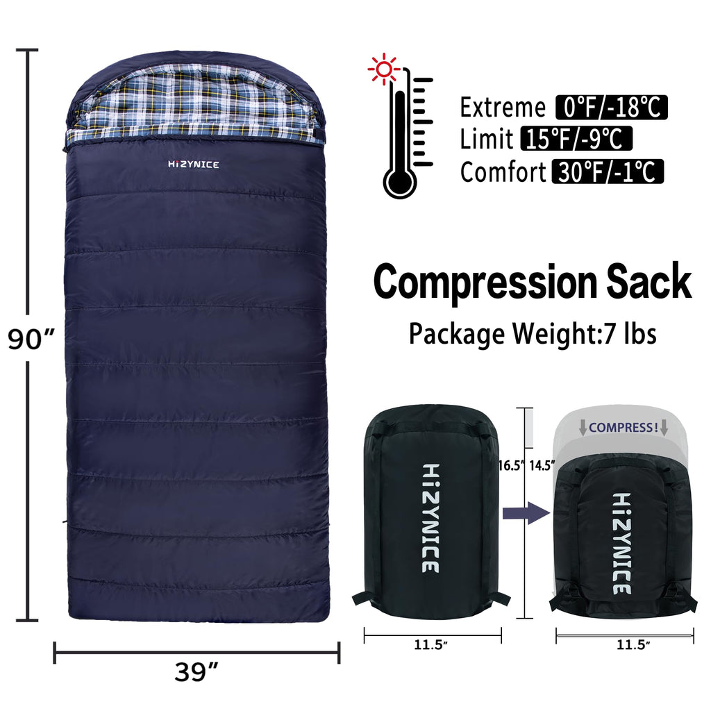 HiZYNICE Sleeping Bags for Adults Large Wide Cold Weather 0 Degree XL XXL Plus Size Oversized,Navy Blue Right Zip