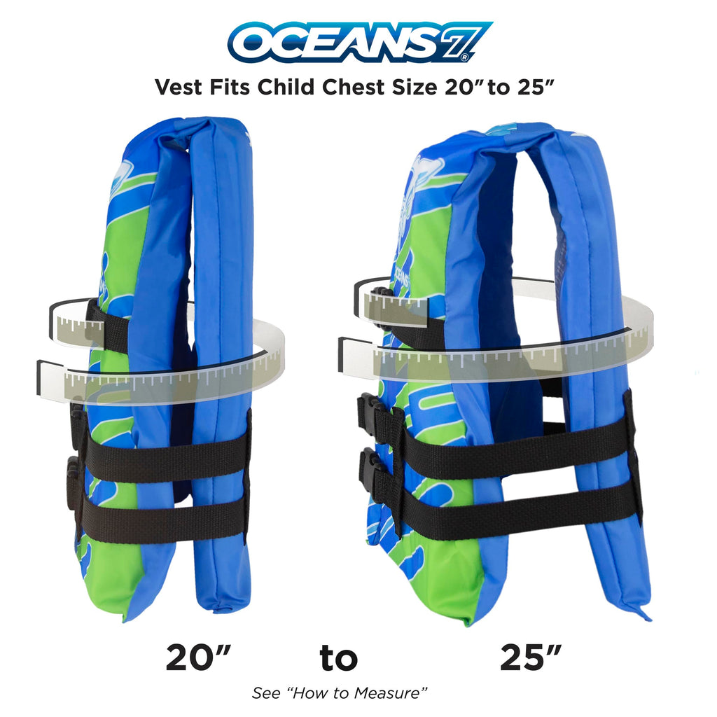 Oceans7 US Coast Guard-Approved, Type III - Kids Life Jacket - Personal Flotation Device with Comfortable Flex-Form-Fit Open-Sid