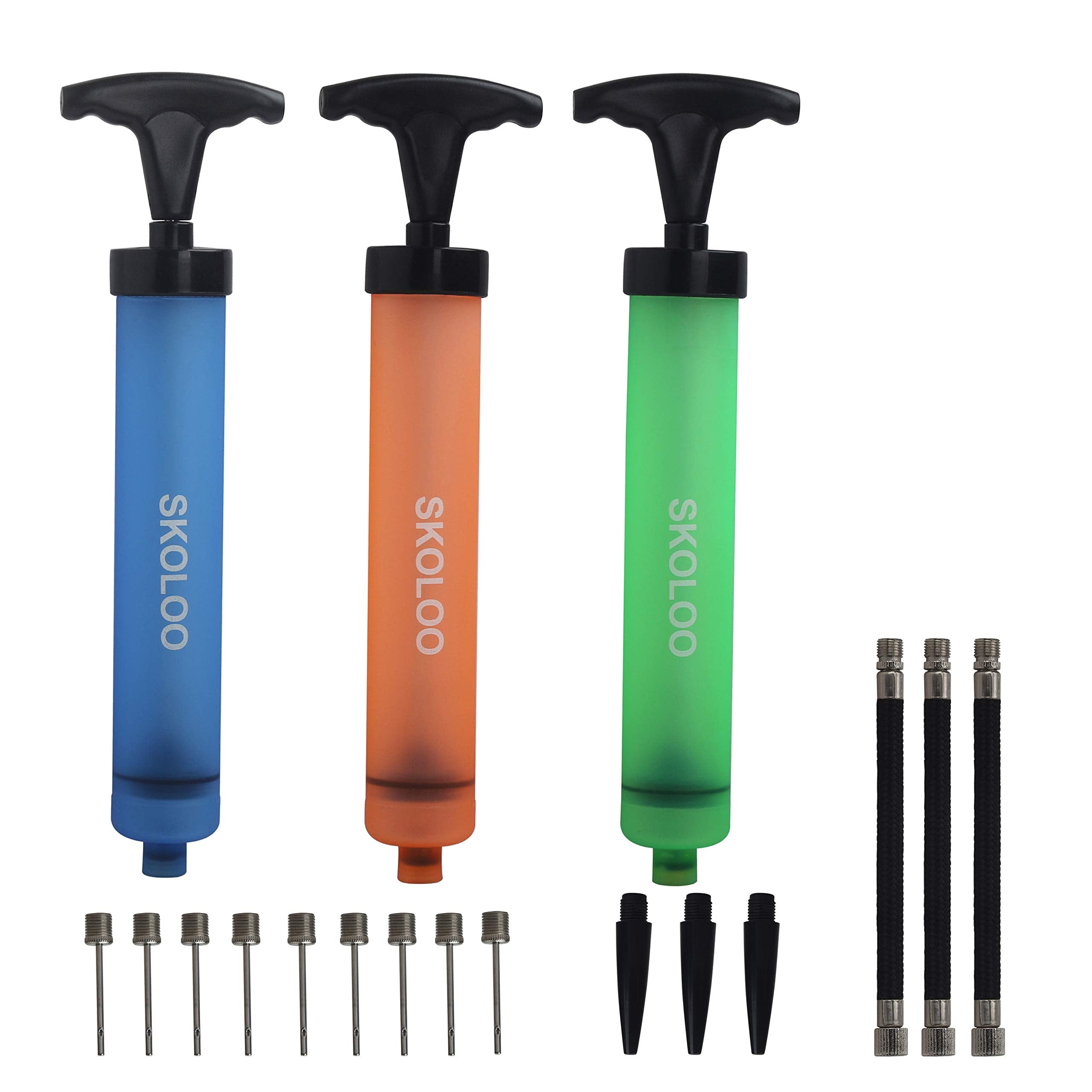 Skoloo 3 Packs 10 Portable Hand Air Ball Pump, Needle, Nozzle, Extension Hose for Soccer Basketball Football Volleyball Water Po