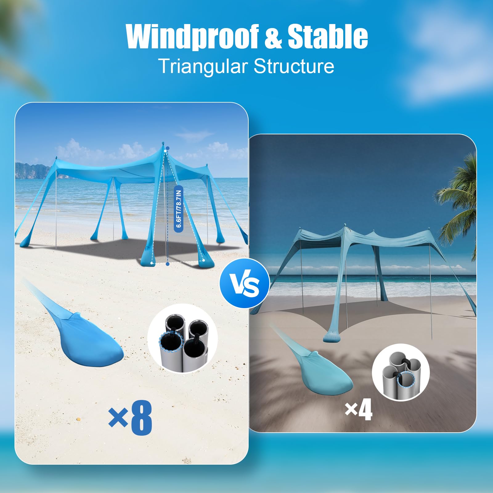 Beach Tent Sun Shelter, Beach Shade Canopy Upf50+, 10X10Ft Canopy Tent With 8 Sandbags, Sand Shovels, Ground Pegs & Stability Po