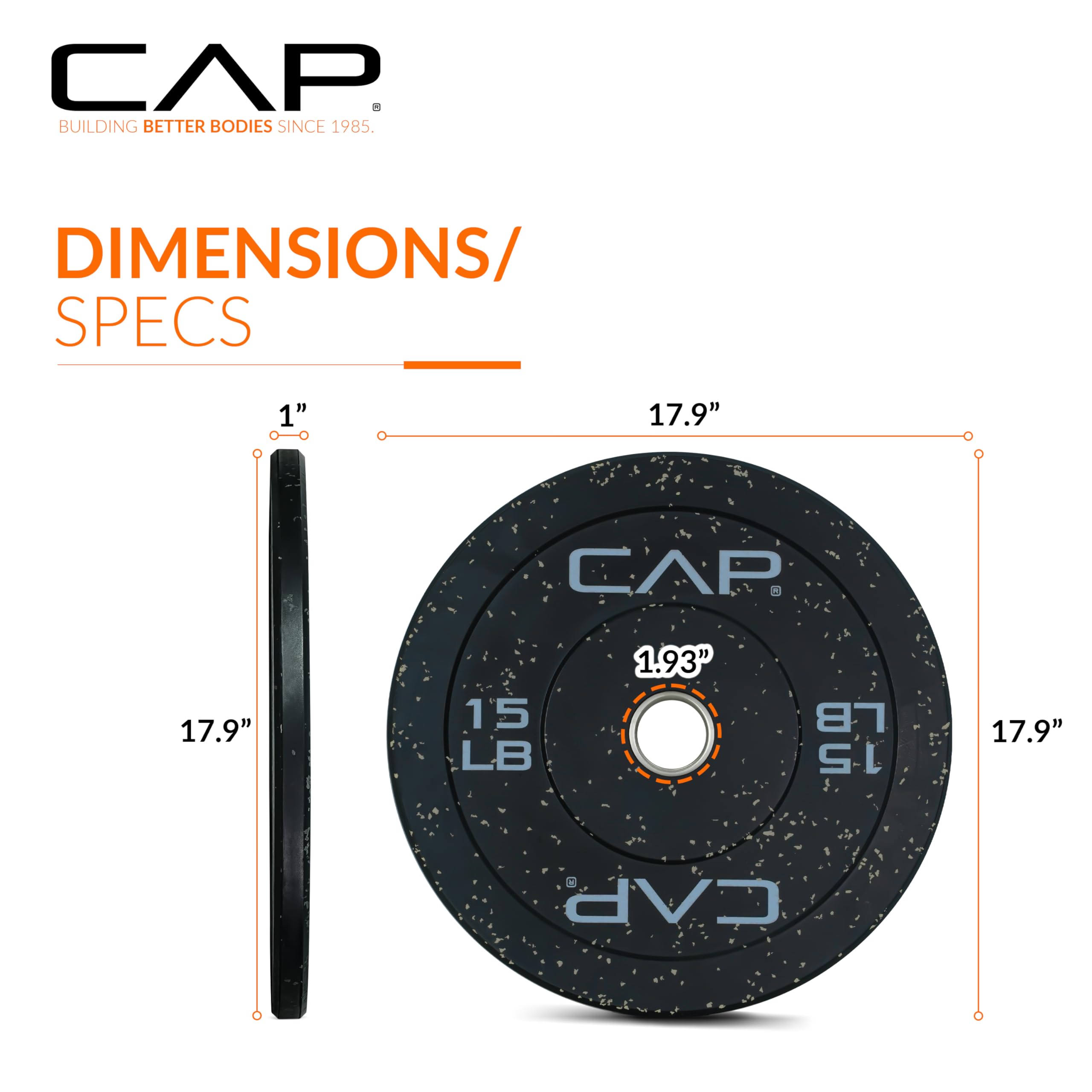 Cap Barbell Economy - Speckled Olympic Bumper Plate Set With Gray Logo, Black, 15 Lb Pair