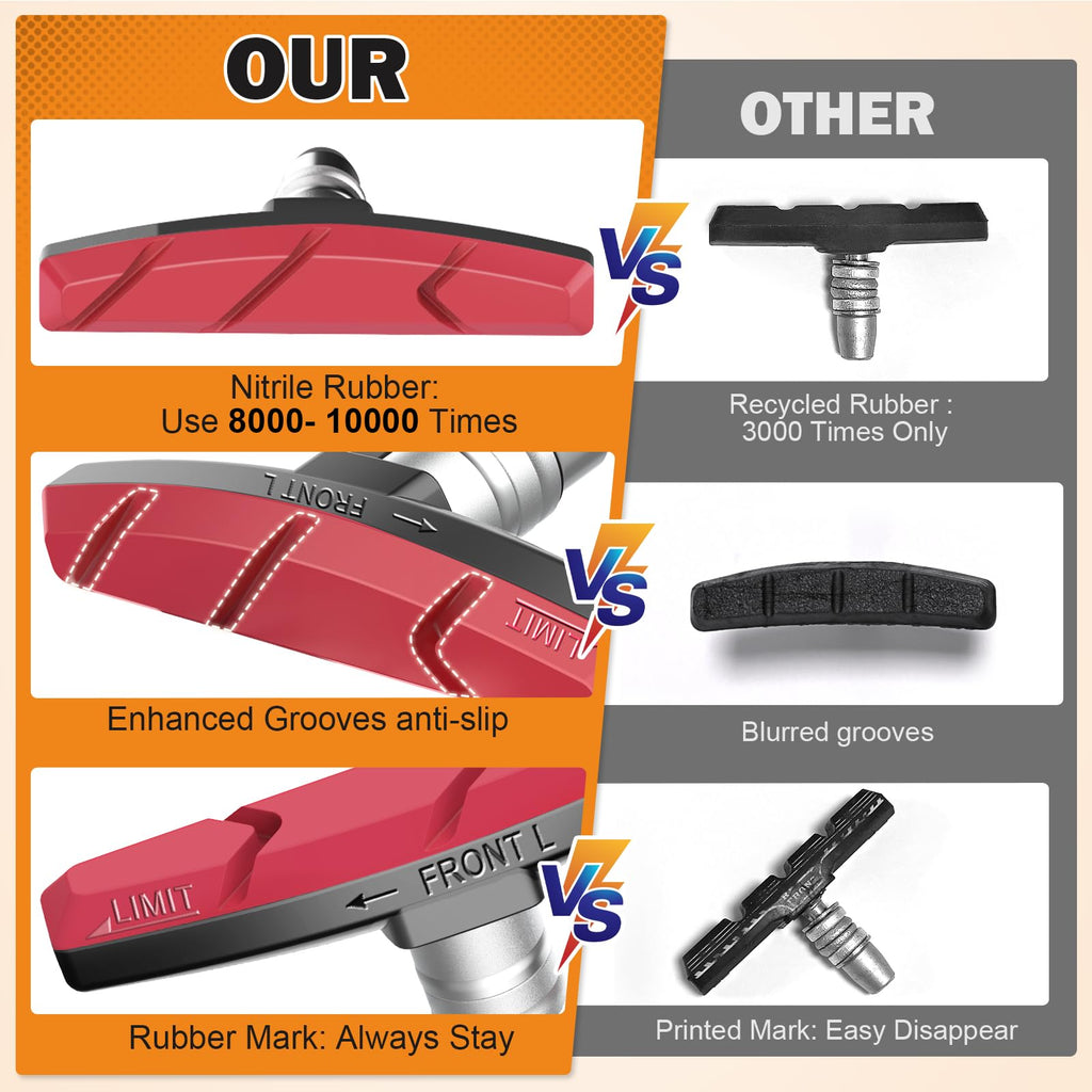 Bike Brake Pads Set, Alritz 6Pcs Road Mountain Bicycle V-Brake Blocks Shoes With Hex Nut And Shims, No Noise No Skid, 70Mm, For