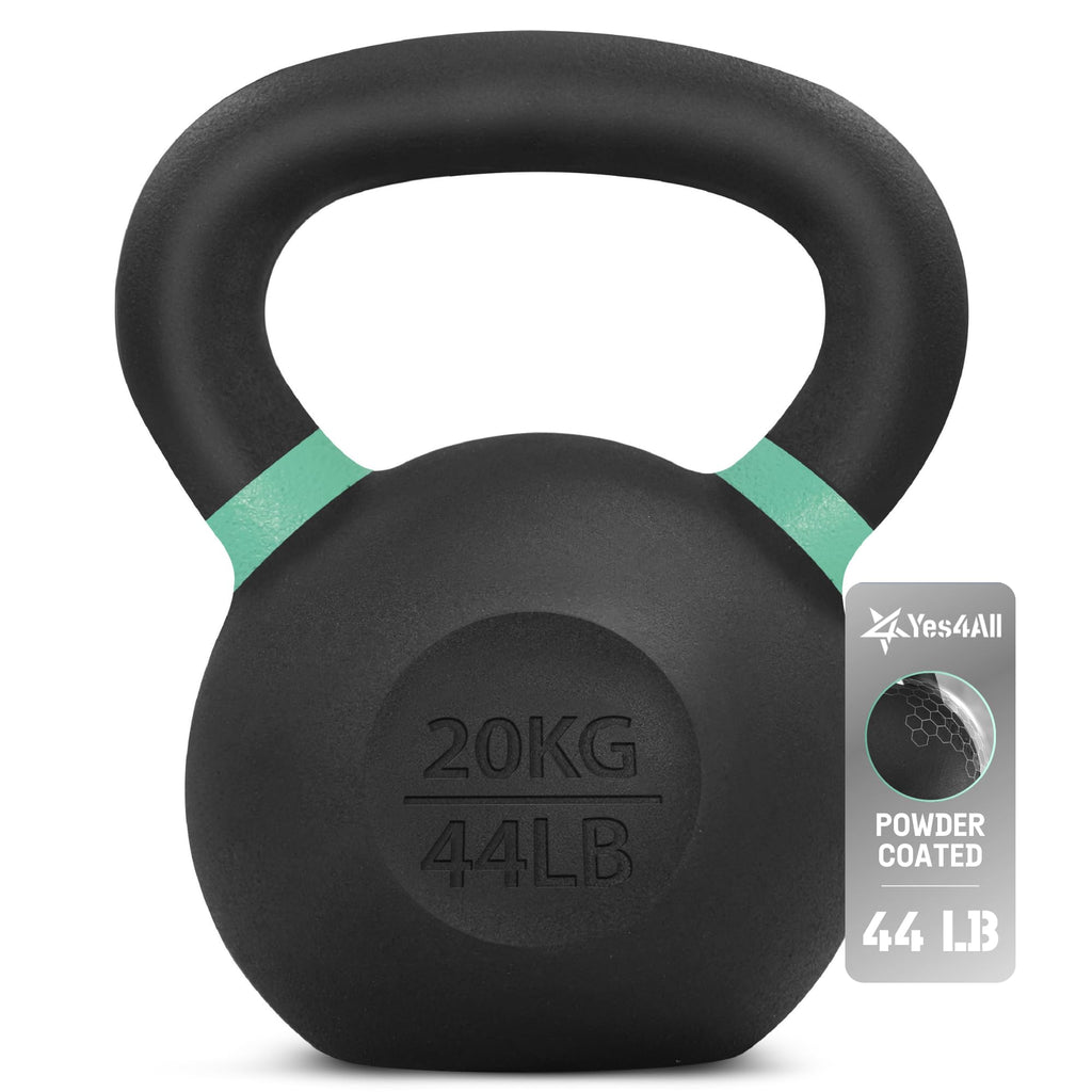 Yes4All Color Code Cast Iron Powder Coated Kettlebell With Large Handle & Flat Base, H - Green - 20 Kg / 44 Lb