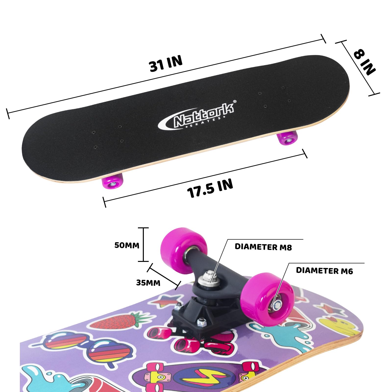 Nattork Skateboards 31 Inch Cute Complete Skateboard Wood 9 Layer Canadian Maple Trick Skate Boards for Boys Girls Youth Teens B