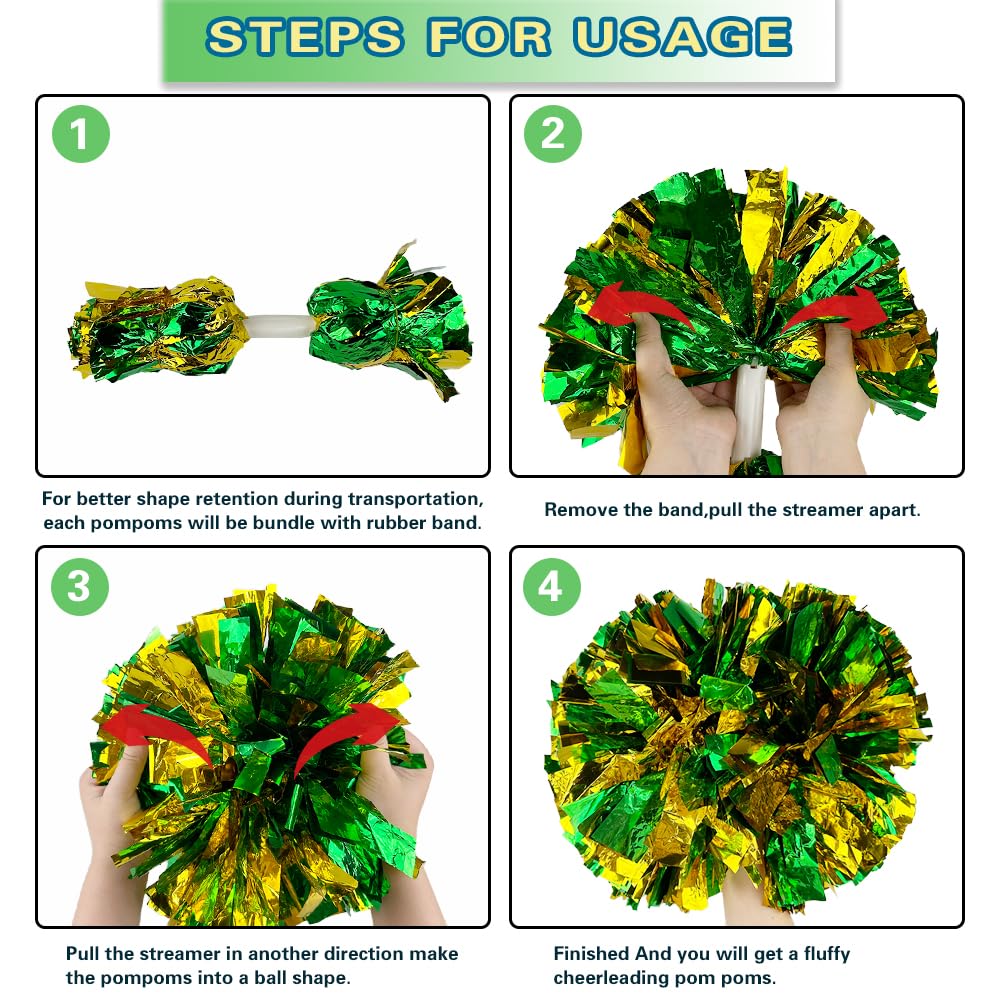 Lovecheer 2Pcs Pom Poms Cheerleading Green And Gold Metallic Cheer Pom Poms With Baton Handle For Sports Team Spirit Party Cheer