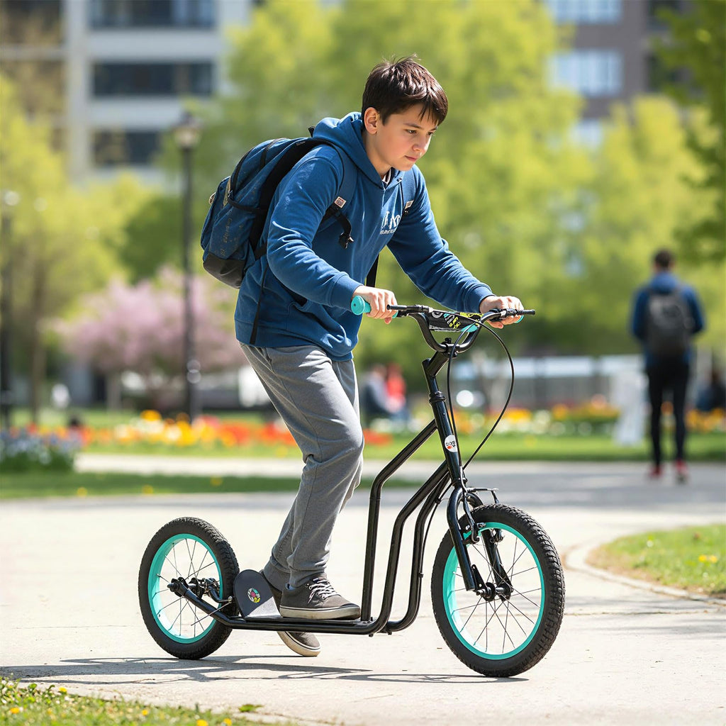 GYMAX Youth Scooter, Height Adjustable Kick Scooters with Extra Large Inflatable 16    Front & 14    Rear Wheels, Dual Hand Brak