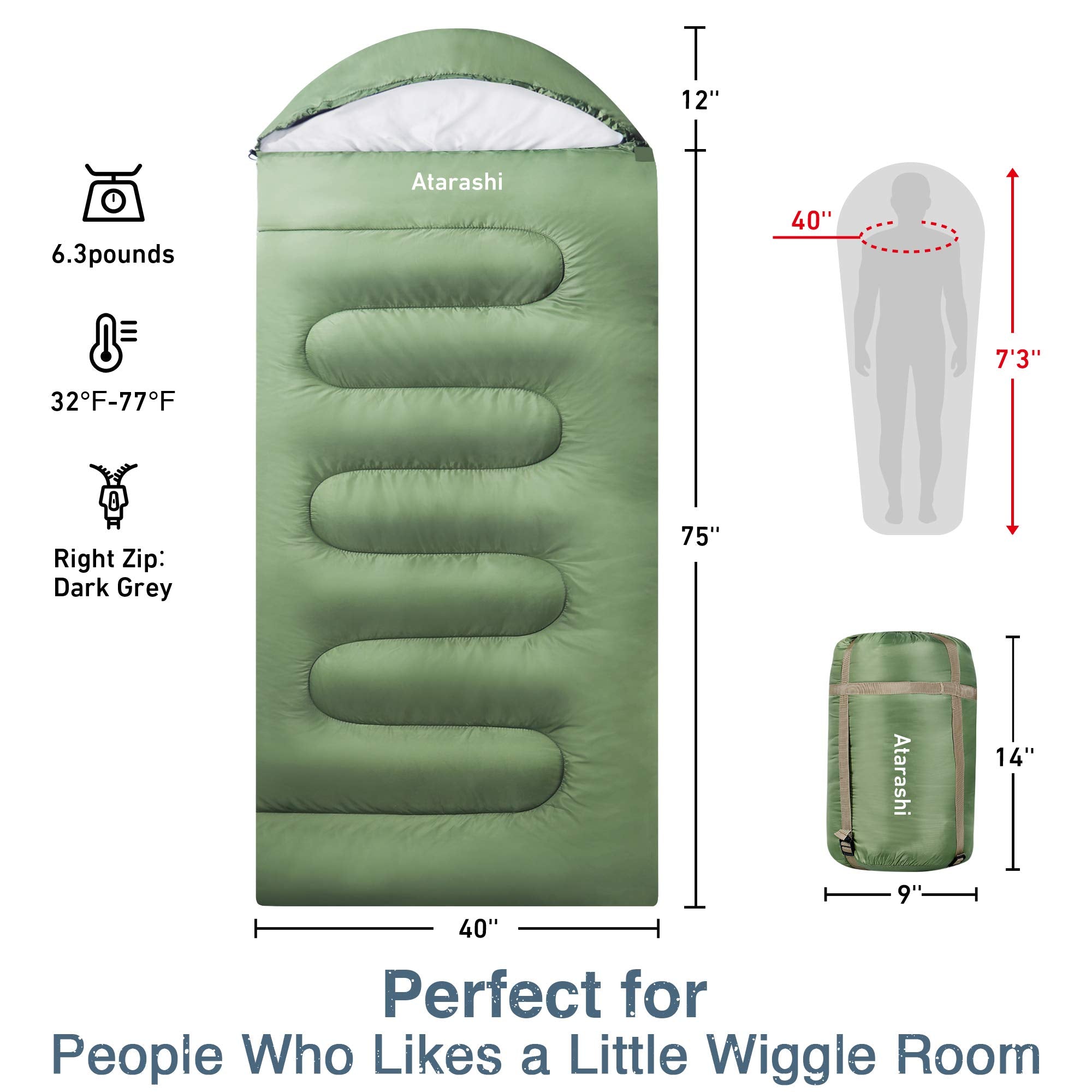 Atarashi Wide Sleeping Bags For Adults, Mens Sleeping Bags For Camping, Hiking And Outdoors, 3-4 Seasons Warm Cold Weather, Ligh