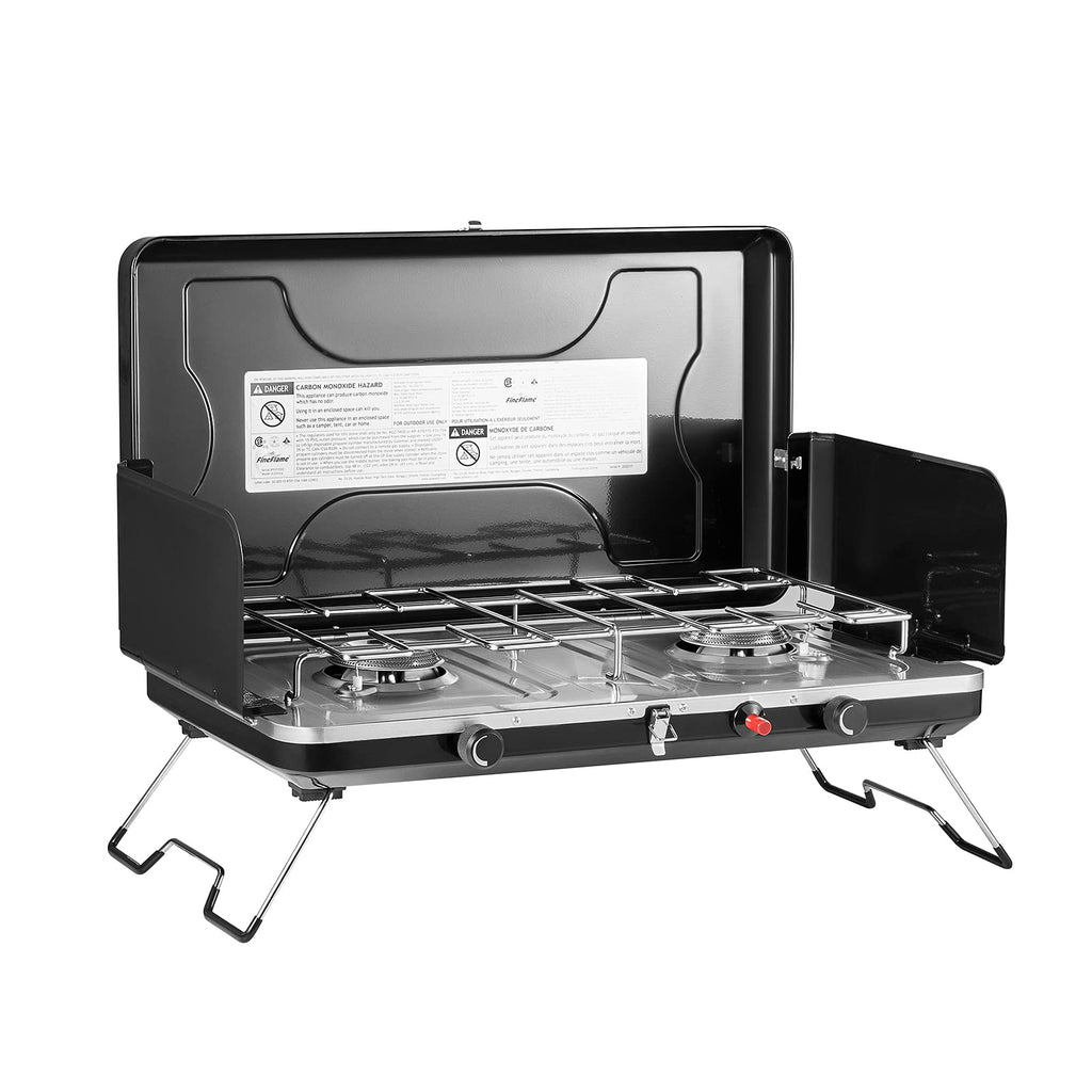 Fineflame Camping Stove, 2 Burners Portable Propane Camp Stove With Regulator, Integrated Igniter & Stainless Steel Drip Tray &