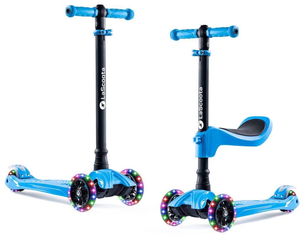 Lascoota 3-Wheel Kids Scooter - Removable Seat, Adjustable Handlebar, Light-Up Wheels & Lean-to-Steer for Toddler Scooter - Blue