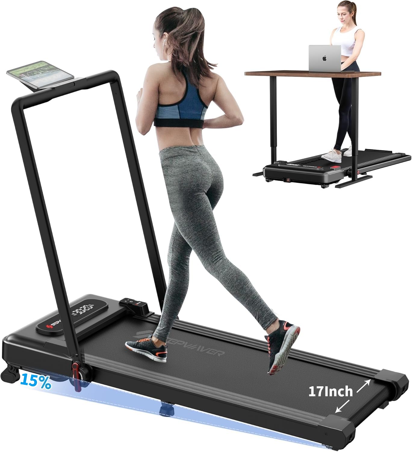Large Walking Pad With Handle Bar, 17 Widened Running Belt, 15% Incline Treadmill, 4Mph/7.6Mph, 3.0 Hp Treadmill With 380Lbs Cap