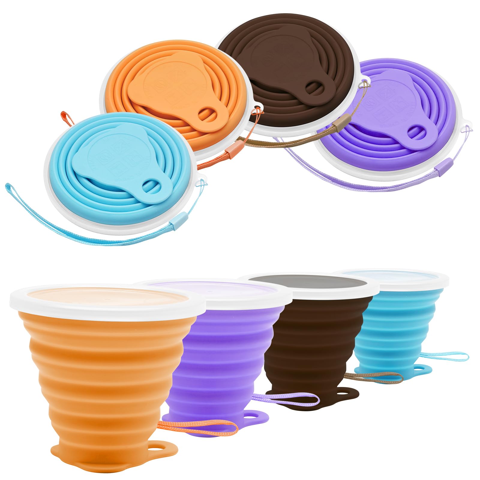 Litoexpe 4 Pack Silicone Collapsible Travel Cup Portable Folding Camping Cup Sets With Lids, Orange & Blue & Coffee & Purple, Ca