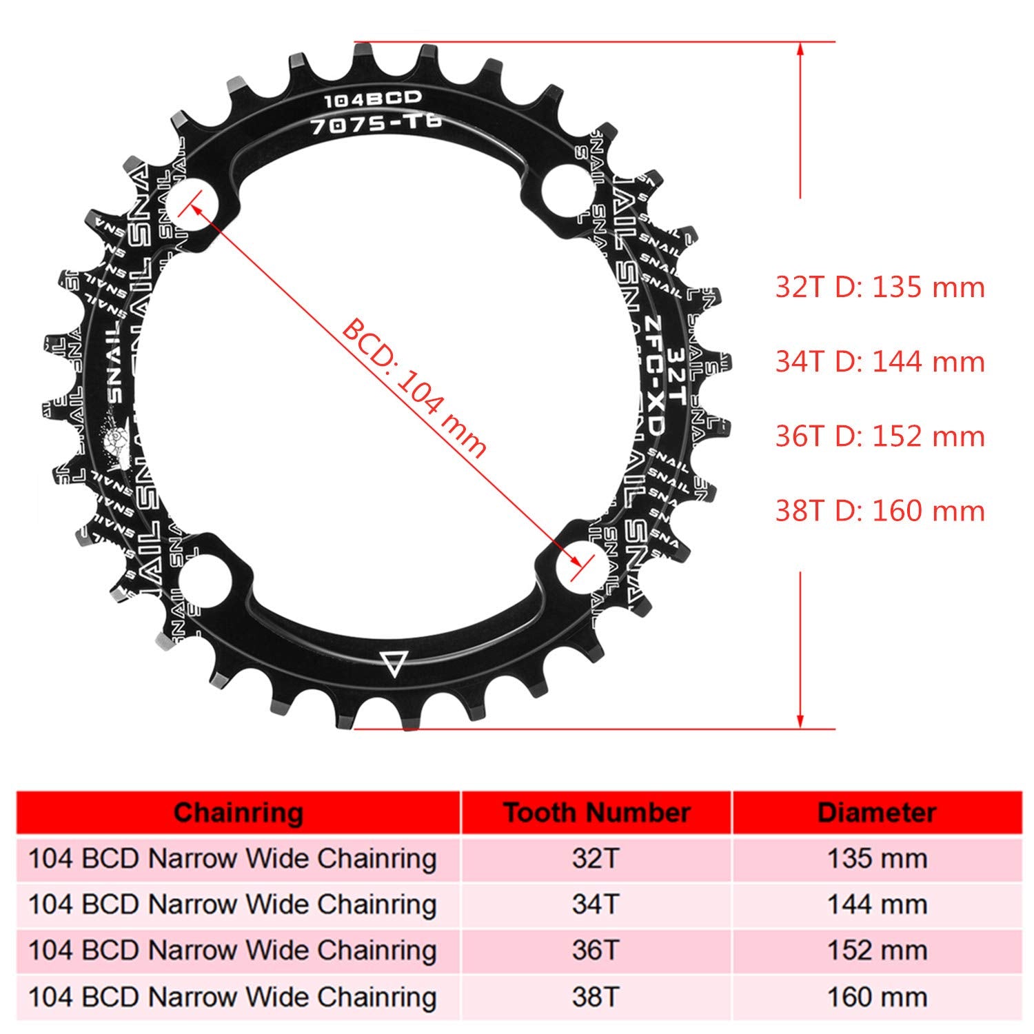 Boao Chainring 104 Bcd 32T 34T 36T 38T Narrow Wide Single Chain Ring With 4 Pieces Sprocket Bolts For Road Bikes, Mountain Bikes