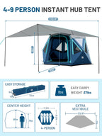 Timber Ridge 4-6 Person Pop Up Hub Tent, Easy 60 Second Setup, Weather Resistant Camping Family Cabin Tent With Rain Fly And Whe