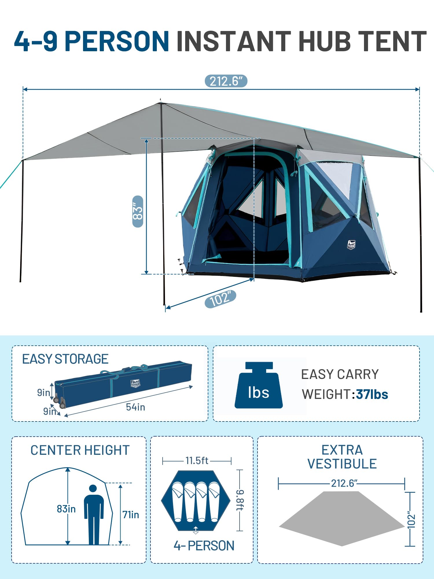 Timber Ridge 4-6 Person Pop Up Hub Tent, Easy 60 Second Setup, Weather Resistant Camping Family Cabin Tent With Rain Fly And Whe