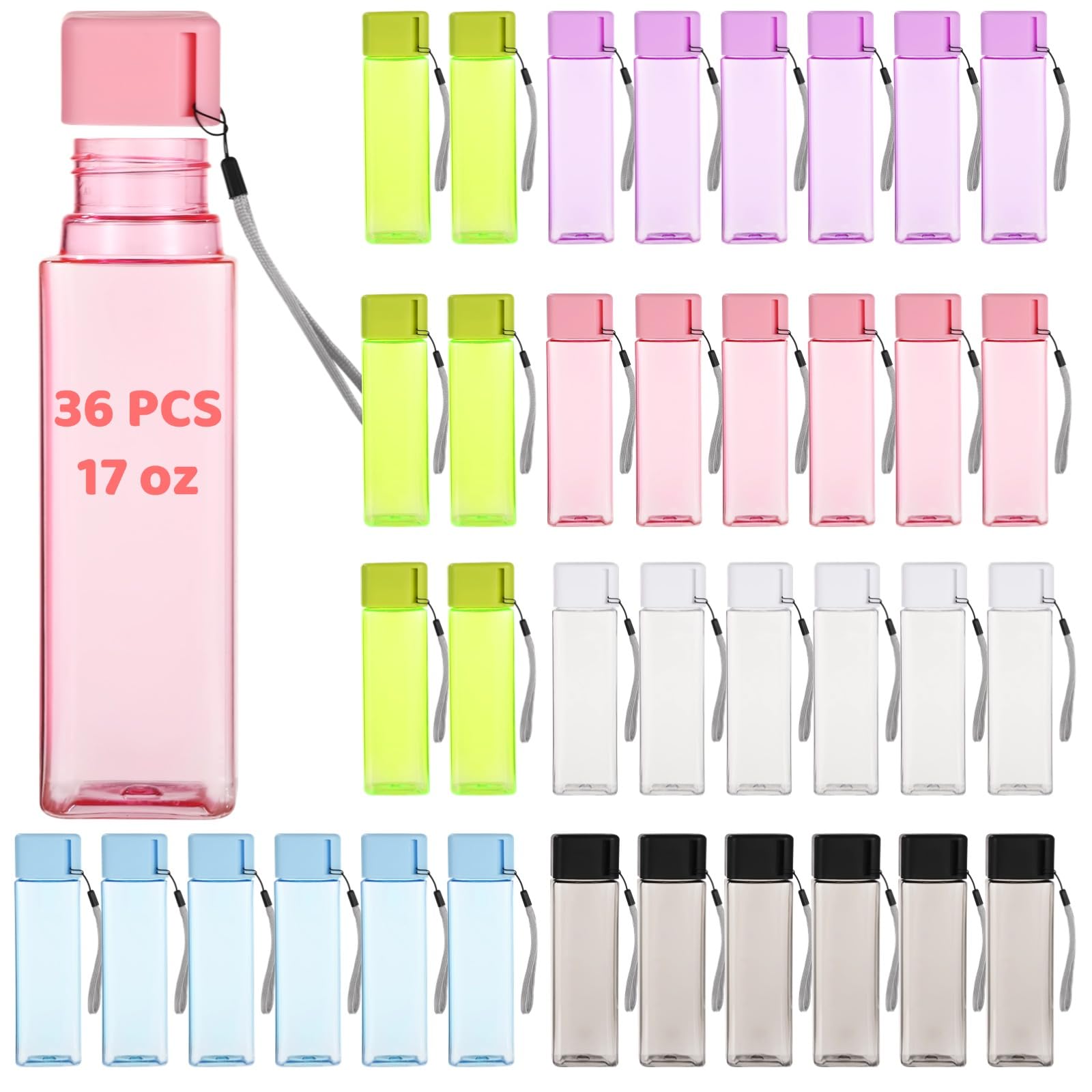 OMISTAR 36 PCS Water Bottles Bulk, 17 oz Colorful Plastic Water Bottles, Reusable Leak Proof Portable Water Bottle With Handle S