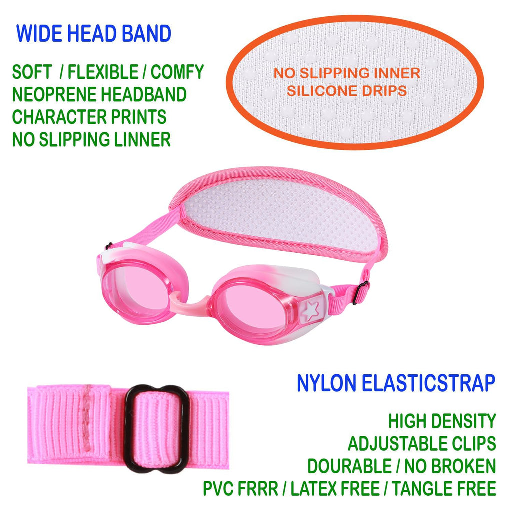 Ruigao Kids Swim Goggles Age 2-6, Toddler Goggles No Hair Pull,Child Goggles Padded Headband (2Pk - Pink/Blue Fish)