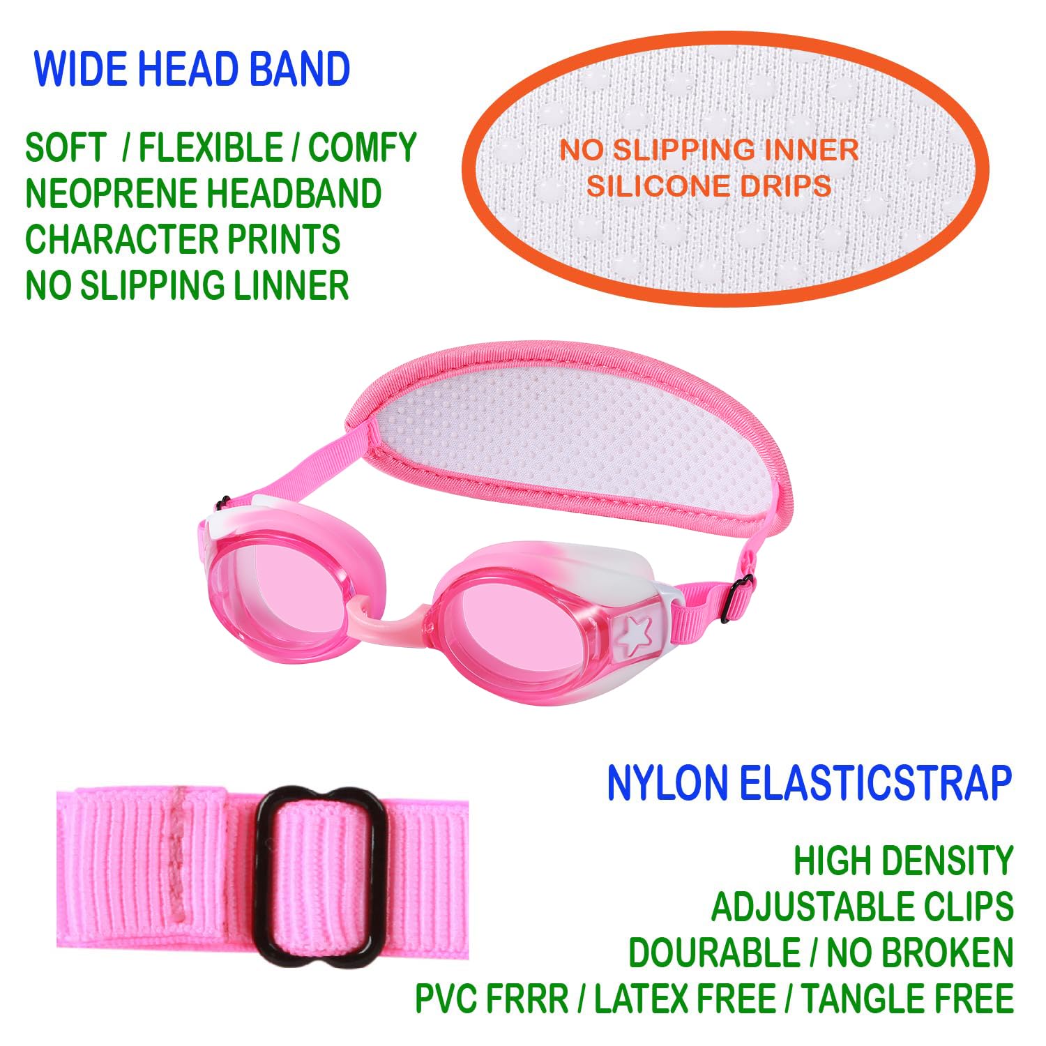 Ruigao Kids Swim Goggles Age 2-6, Toddler Goggles No Hair Pull,Child Goggles Padded Headband (2Pk - Pink/Blue Fish)