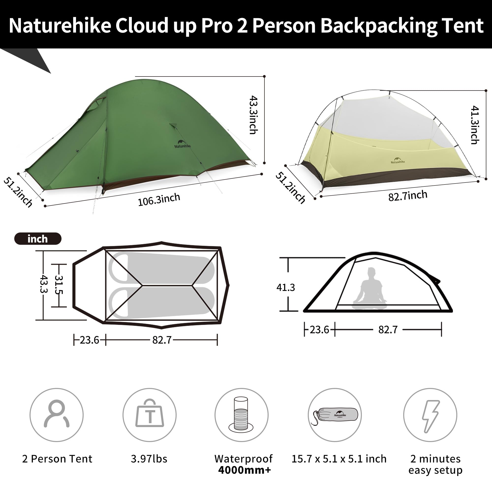 Naturehike Cloud Up Pro Backpacking Tent, Double Layer Waterproof 2 Person Tent With Footprint, Free Standing Lightweight Two Pe
