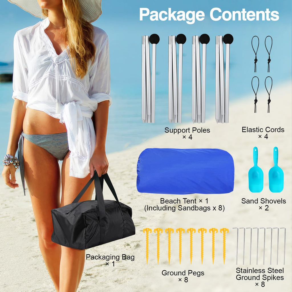 Rhino Valley Beach Tent, 10 X 13 Ft Beach Shade Upf50+ Protection, Beach Canopy With 8 Sandbags 4 Stability Poles,Outdoor Beach