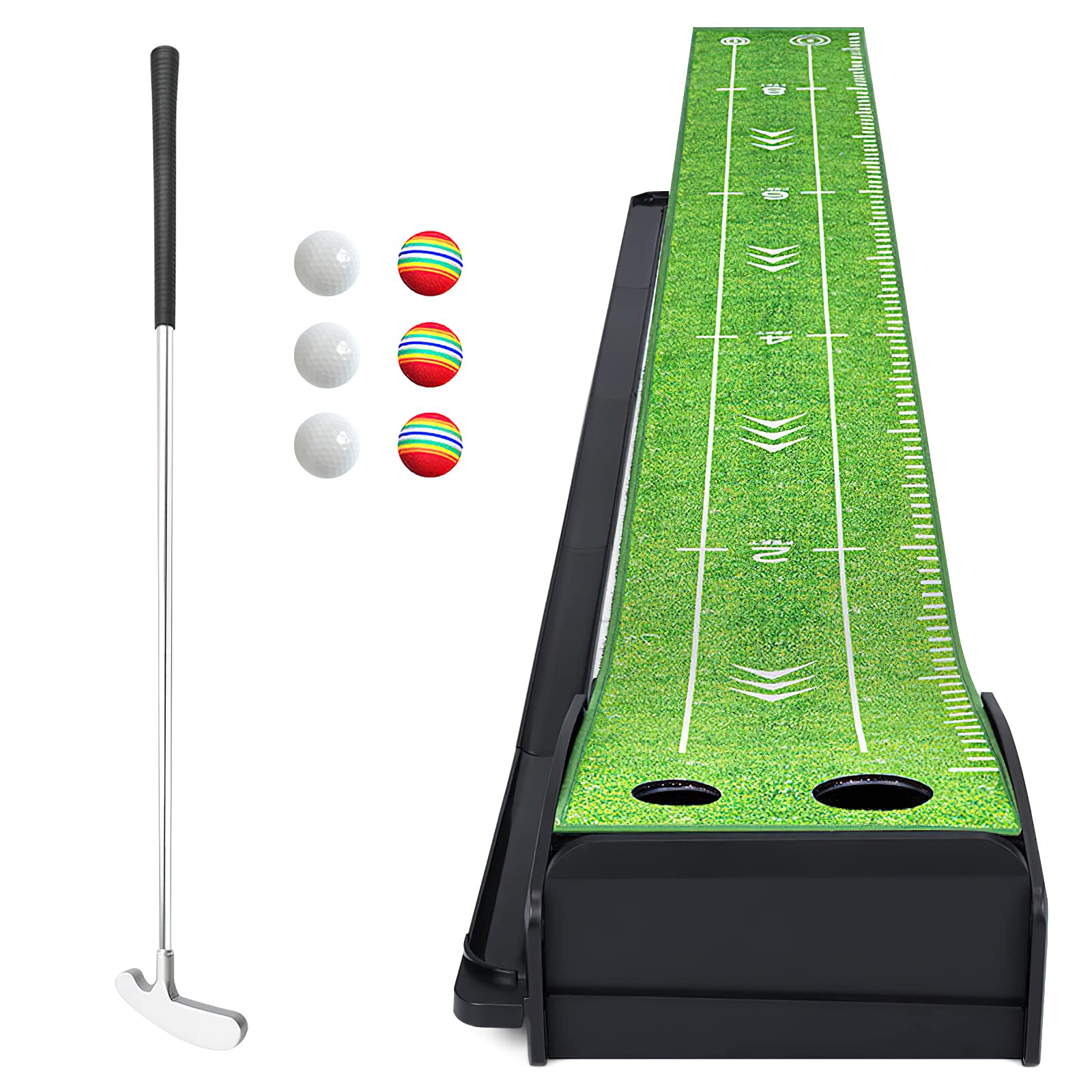 Losbenco Golf Putting Green Mat With Putter And 6 Golf Balls, Golf Putting Practice Mat Equipment With Auto Ball Return System F