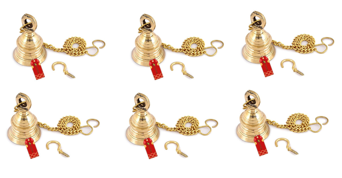 Uapan Brass Gold Wall Hanging Bell With Chain And Hanging Hook For Home Mandir Temple Decorative I Puja Room (2.5 Inch Pack Of 6