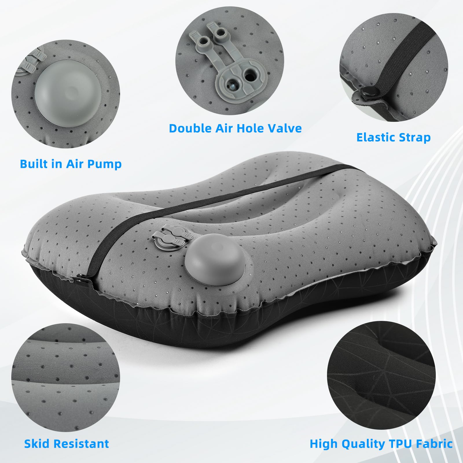 Camping Pillow With Built-In Pump - Inflatable Pillows - Travel Pillows For Backpacking & Airplane, Lumbar Support Blow Up & Pre
