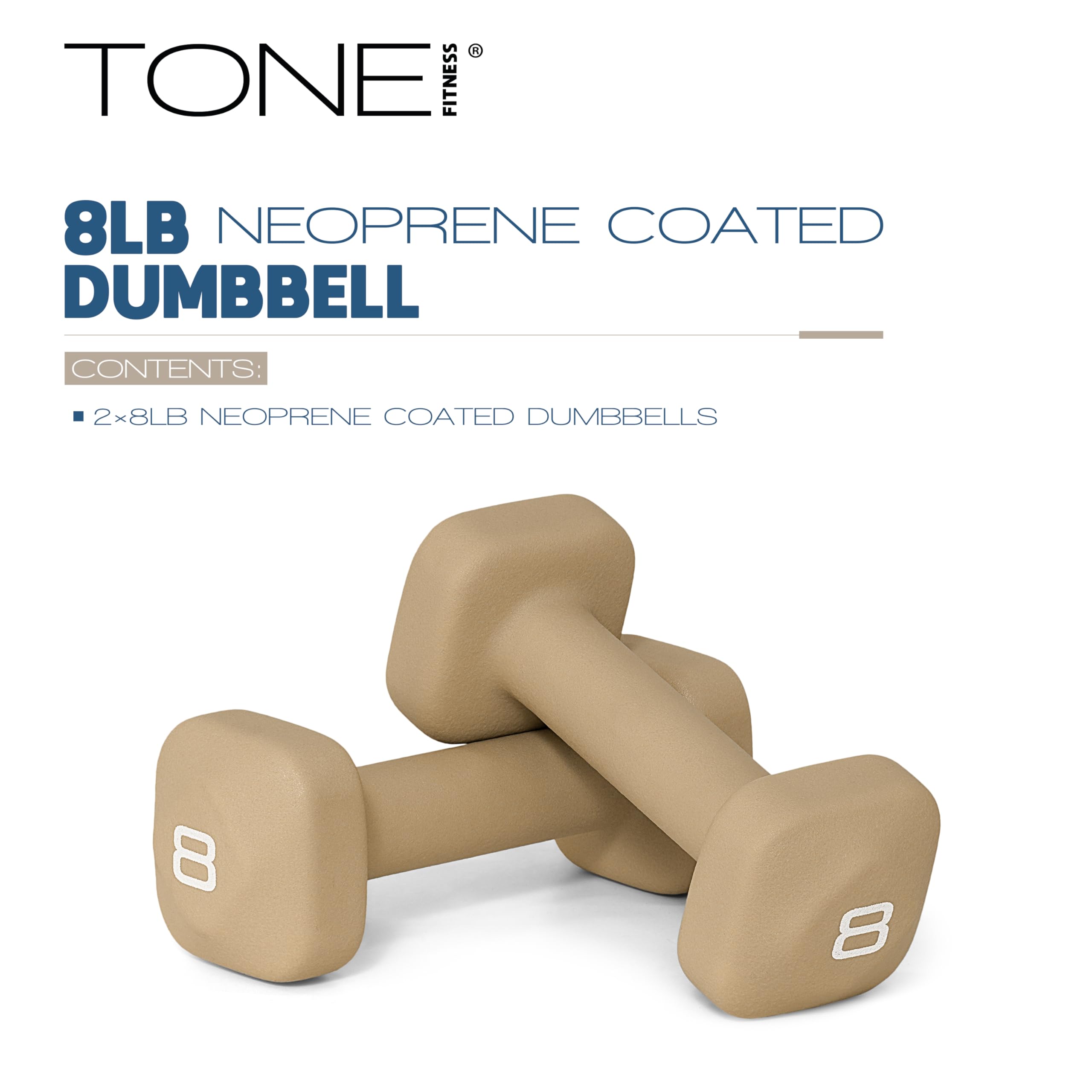 Tone Fitness 8 lb Neoprene Dumbbell Pair for Home Workouts - Non-Slip Design - Beige