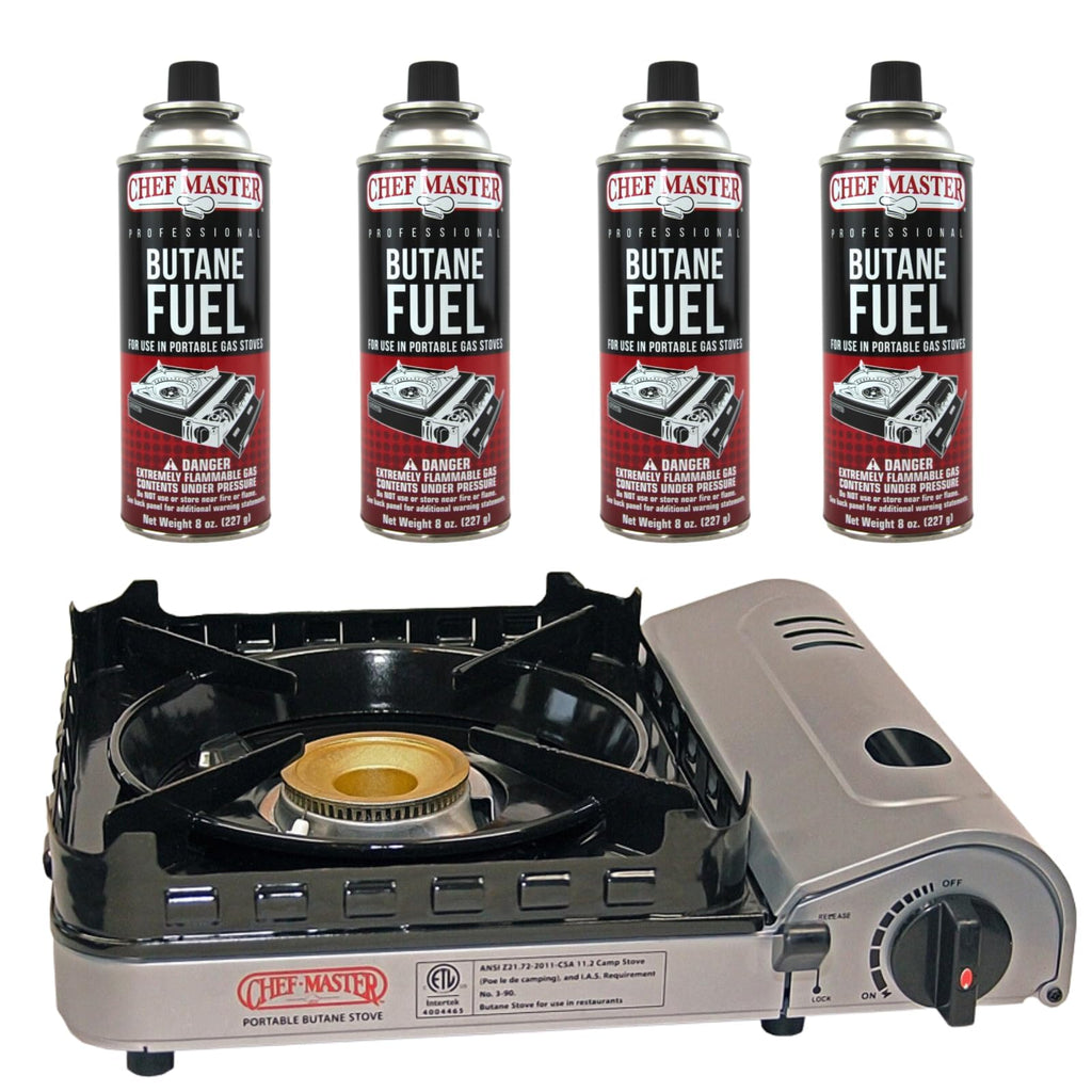 Chef Master 15,000 Btu Butane Portable Camp Stove + 4X 8Oz Butane Canisters | Double Wind-Guard Portable Stove Burner W/Piezo Ig