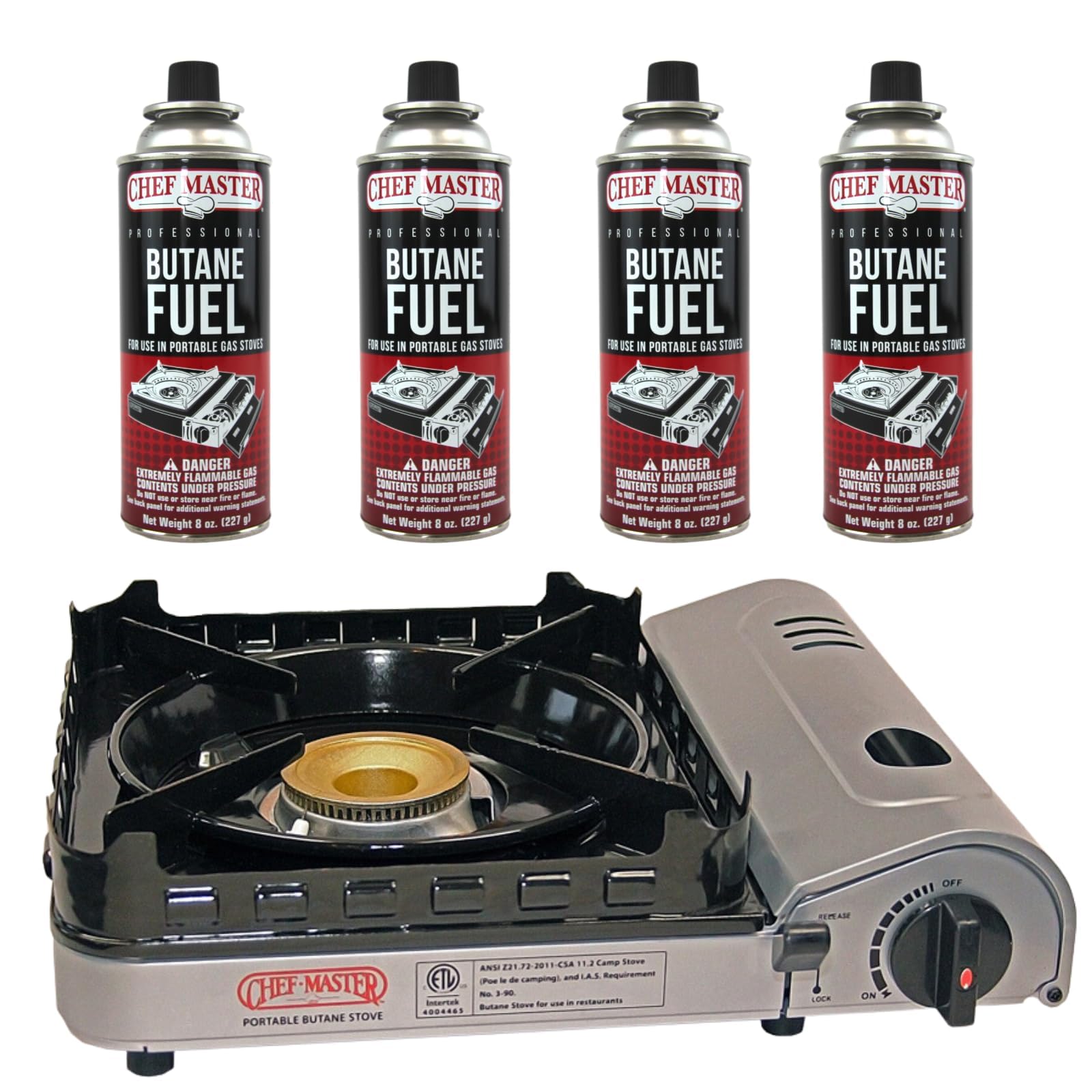 Chef Master 15,000 Btu Butane Portable Camp Stove + 4X 8Oz Butane Canisters | Double Wind-Guard Portable Stove Burner W/Piezo Ig
