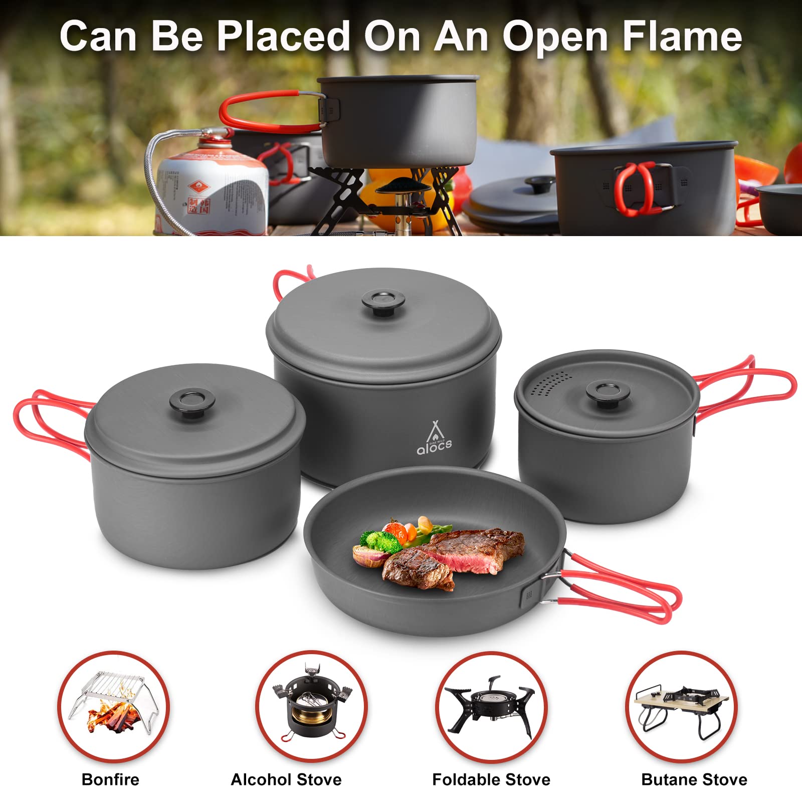 Alocs Camping Cookware, Compact/Lightweight/Durable Camping Pots And Pans Set, Camping Cooking Set For Outdoor Backpacking Campi