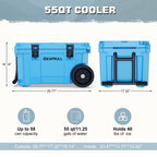55 Quart Cooler With Wheels, Ice Chests Portable Camping Cooler Holds Ice Up To 6 Days, Leak-Proof Outdoor Insulated Cooler With