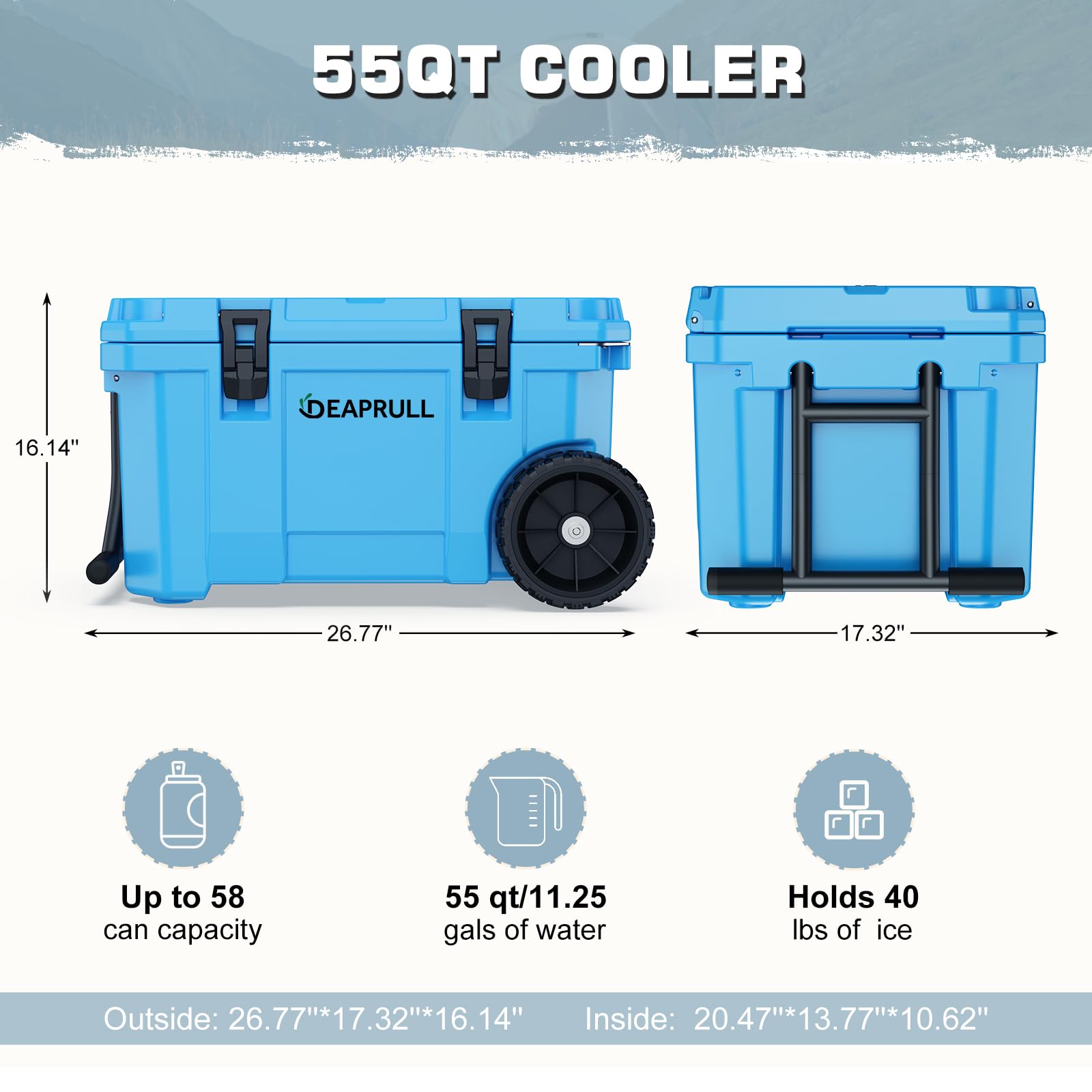 55 Quart Cooler With Wheels, Ice Chests Portable Camping Cooler Holds Ice Up To 6 Days, Leak-Proof Outdoor Insulated Cooler With