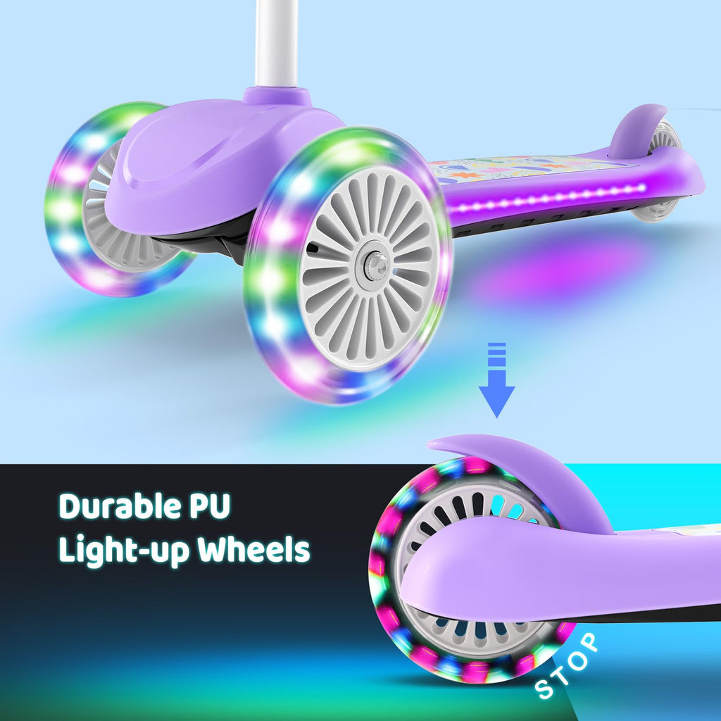 TONBUX Kids Scooter for Ages 3-8, Toddler Scooter with Light-Up Deck and Wheels, Adjustable 4-Level Height 3-Wheel Scooters for