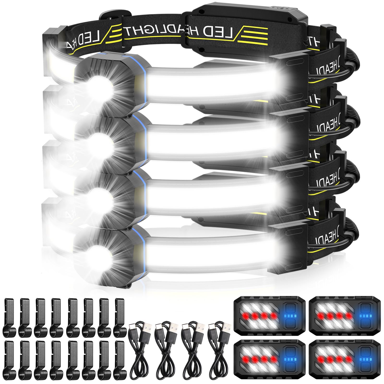 Spriak LED Headlamp, 1000lumens 230 Widebeam Headlight 4 Packs, USB Rechargeable HeadLamp with Red Taillight, Lightweight Waterp