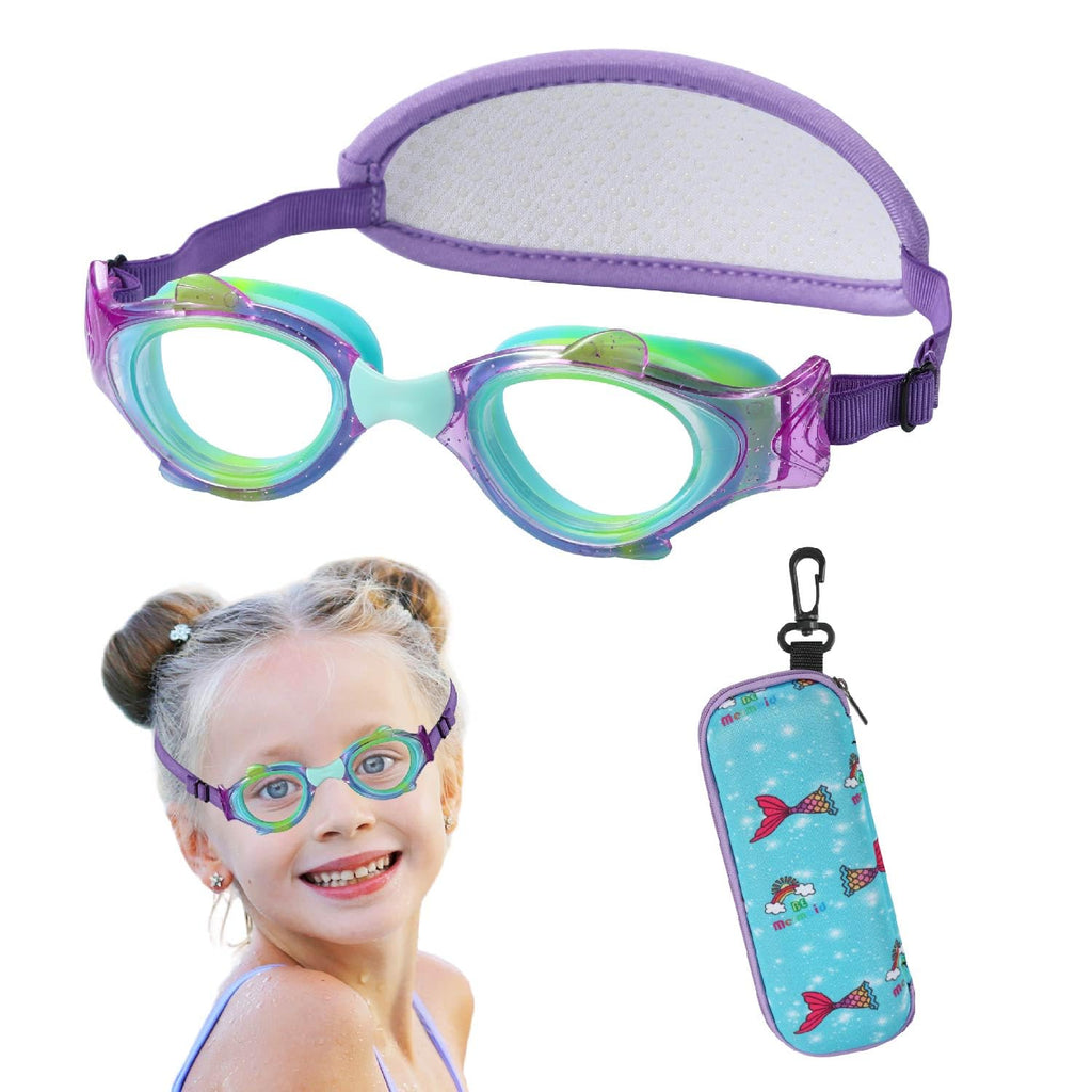 RUIGAO Kids Swim Goggles Age 2-6, Toddler Goggles No Hair Pull,UV Protection/Anti Fog/Padded HeadBand (2PK Fish - Rainbow & Blue